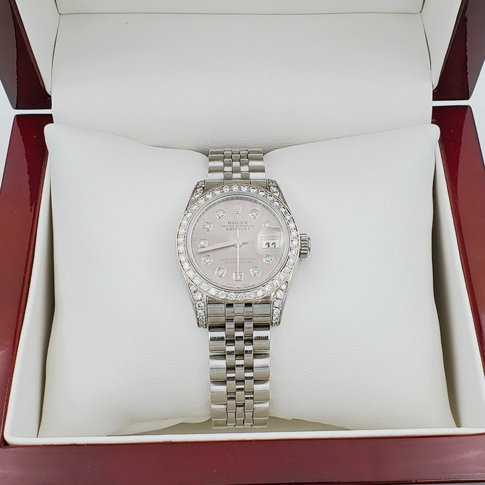 Ladies Rolex 26mm DateJust Stainless Steel Watch with Gray Diamond Dial and Custom Diamond Bezel. (Pre-Owned)