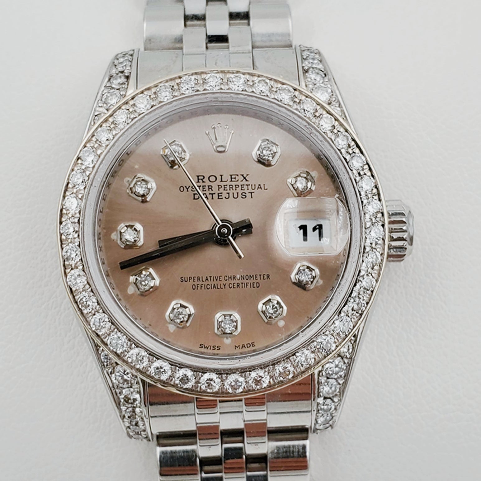 Ladies Rolex 26mm DateJust Stainless Steel Watch with Gray Diamond Dial and Custom Diamond Bezel. (Pre-Owned)