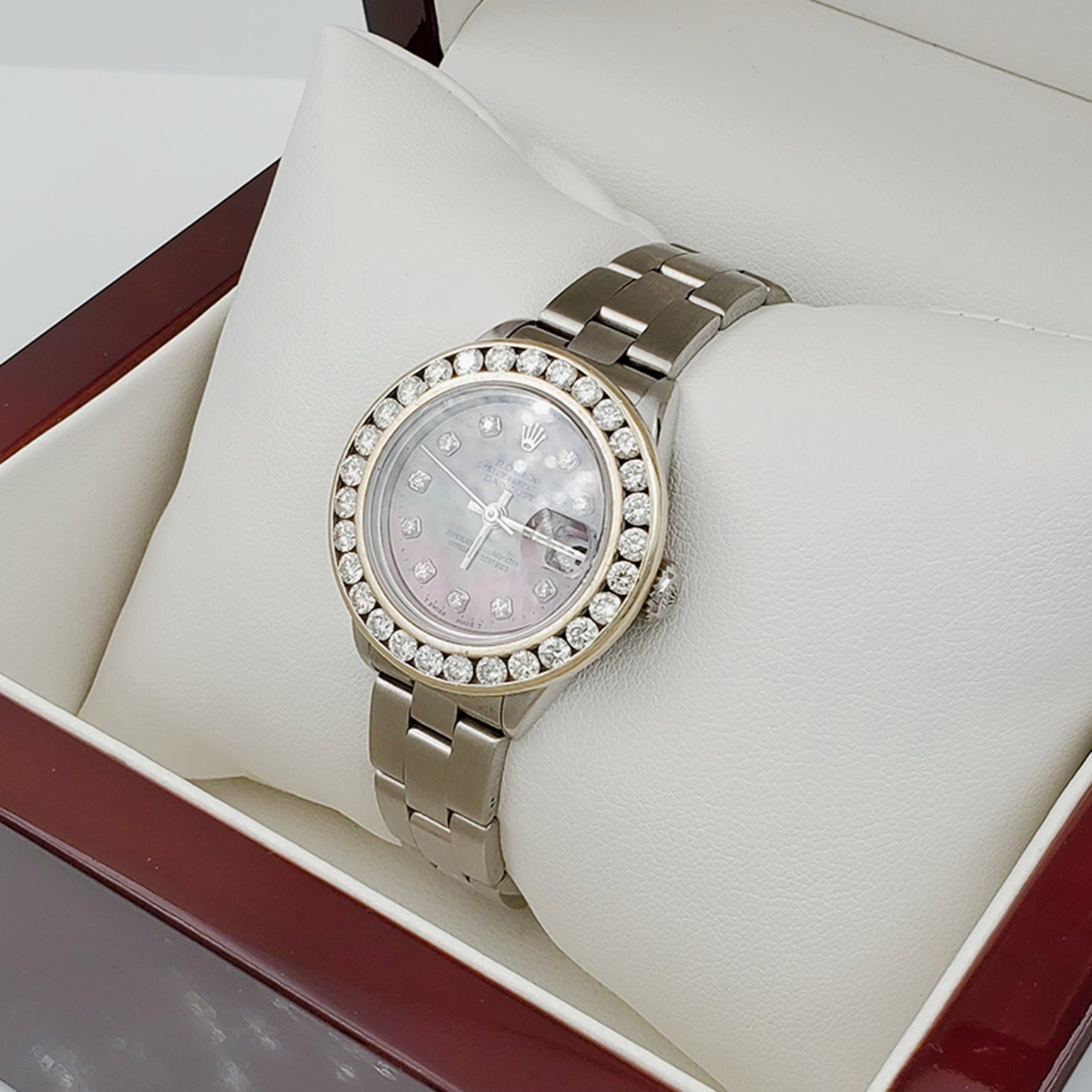 Ladies Rolex 26mm DateJust Stainless Steel Watch with Mother of Pearl Black Diamond Dial and Custom Diamond Bezel. (Pre-Owned)