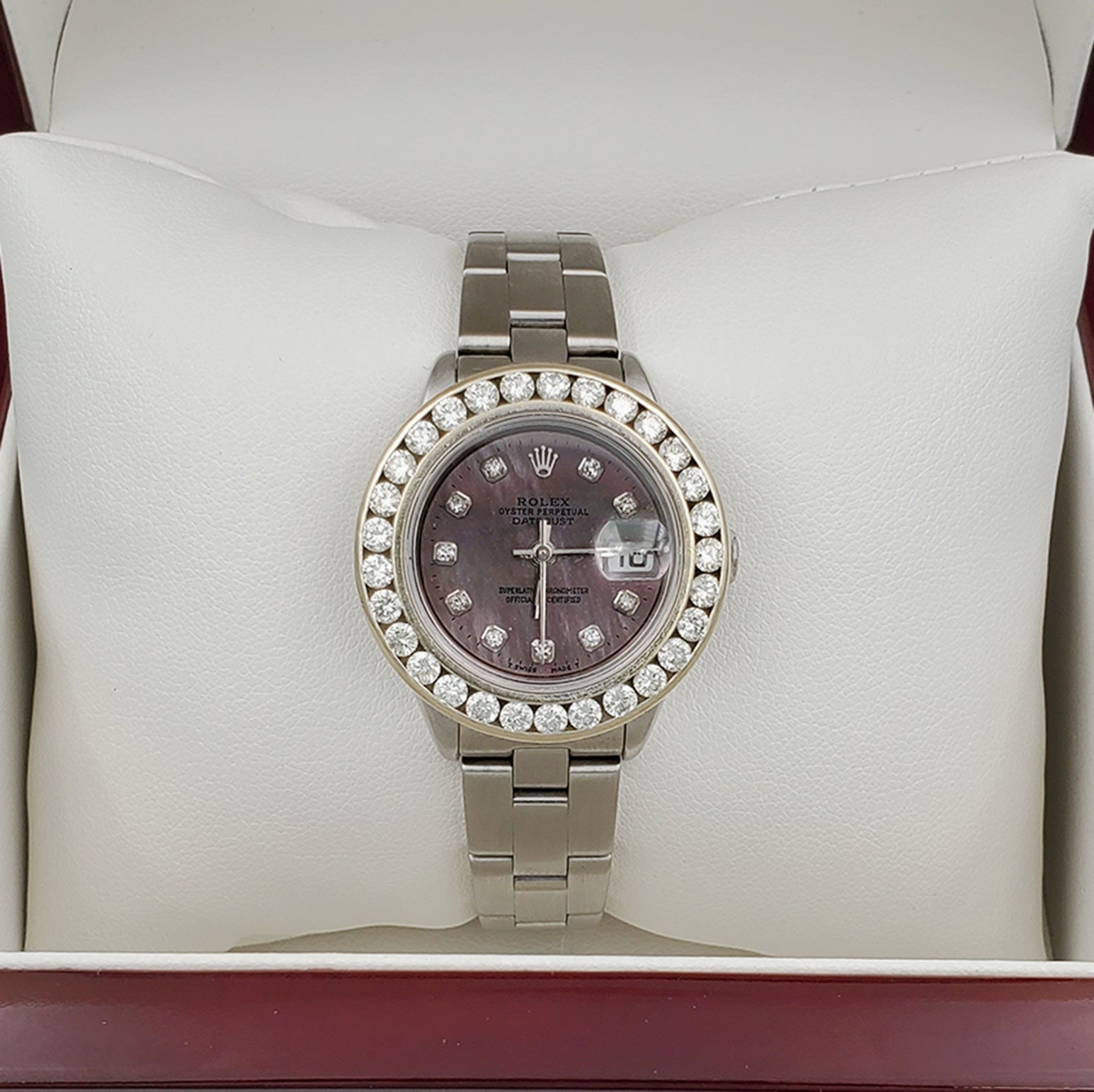 Ladies Rolex 26mm DateJust Stainless Steel Watch with Mother of Pearl Black Diamond Dial and Custom Diamond Bezel. (Pre-Owned)