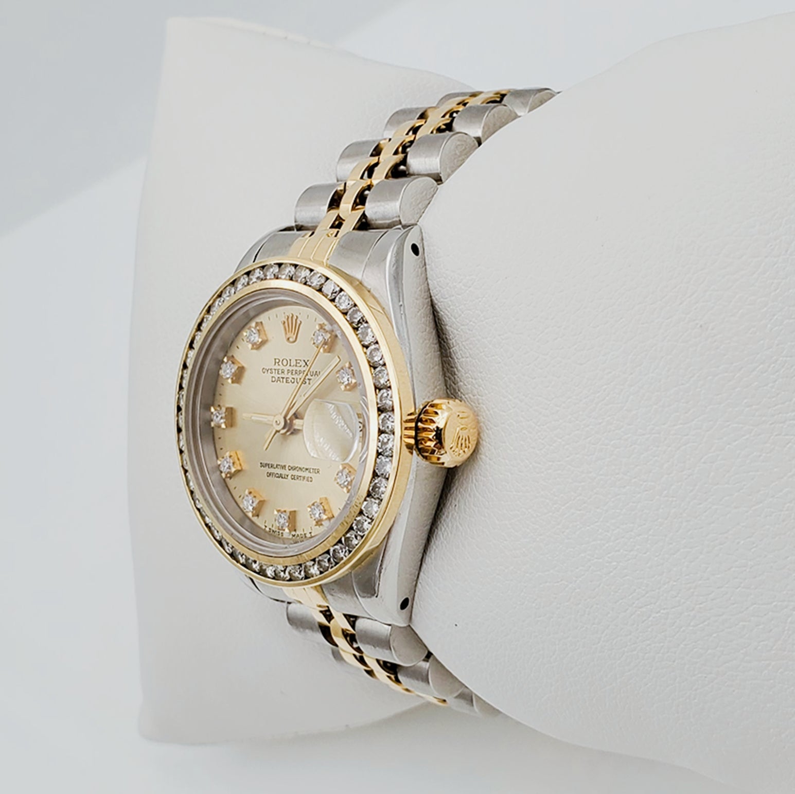 Women's Rolex 26mm DateJust 18K Gold / Two-Tone Stainless Steel Watch with Champagne Diamond Dial and Diamond Bezel. (Pre-Owned)