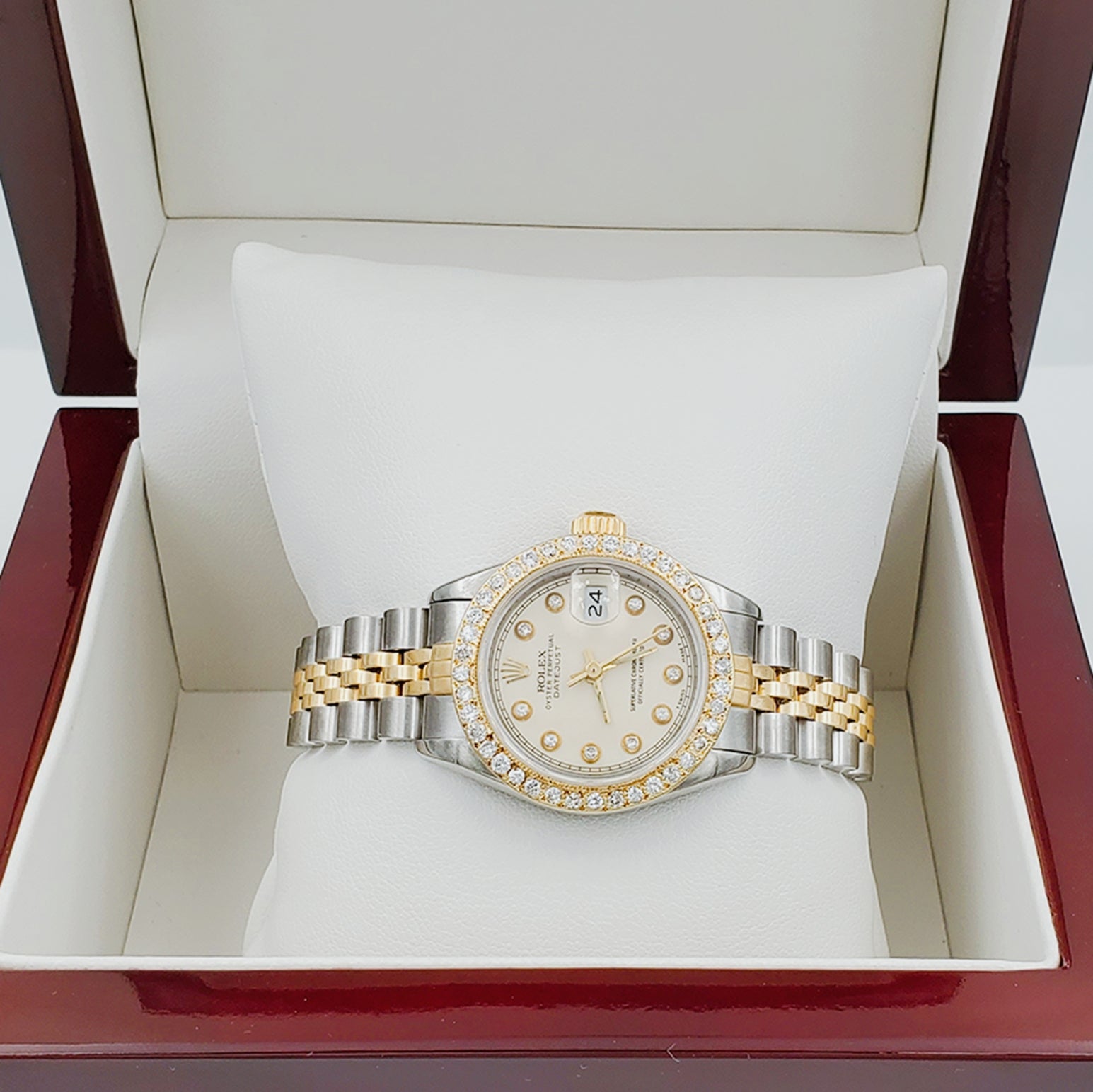 Ladies Rolex 26mm DateJust 18K Gold / Two Tone Stainless Steel Watch with Beige Diamond Dial and Diamond Bezel. (Pre-Owned)