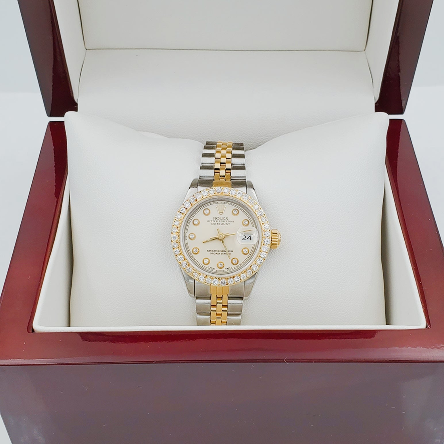 Ladies Rolex 26mm DateJust 18K Gold / Two Tone Stainless Steel Watch with Beige Diamond Dial and Diamond Bezel. (Pre-Owned)