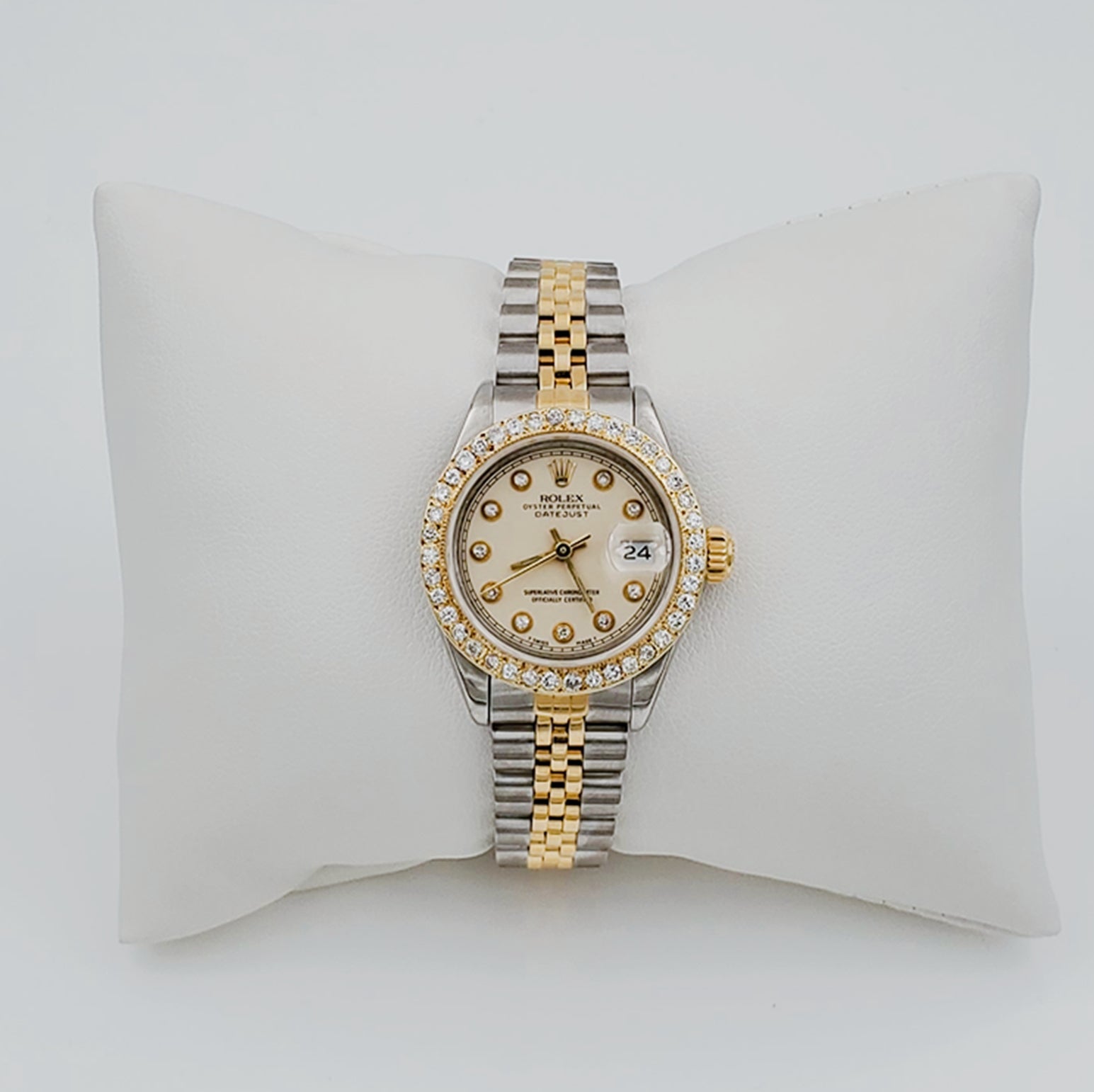 Ladies Rolex 26mm DateJust 18K Gold / Two Tone Stainless Steel Watch with Beige Diamond Dial and Diamond Bezel. (Pre-Owned)