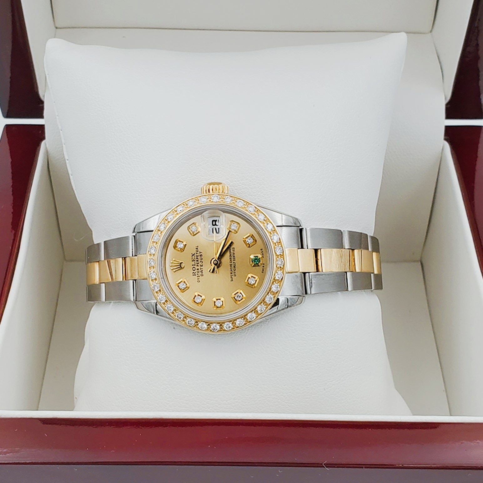 Ladies Rolex 26mm DateJust 18K Gold / Two Tone Watch with Champagne Diamond / Emerald Dial and Custom Diamond Bezel. (Pre-Owned)