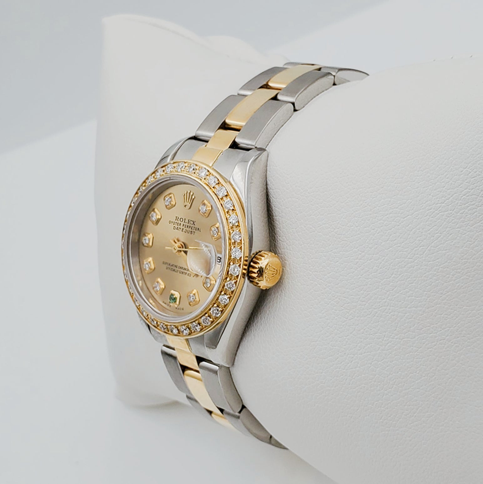 Women's Rolex 26mm DateJust 18K Gold / Two-Tone Watch with Champagne Diamond / Emerald Dial and Custom Diamond Bezel. (Pre-Owned)