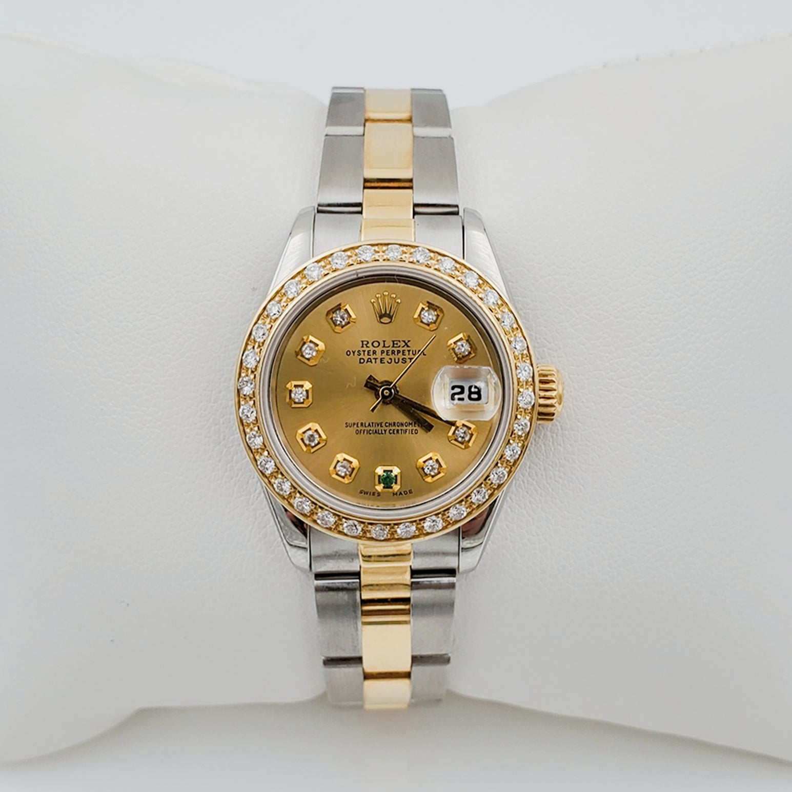 Ladies Rolex 26mm DateJust 18K Gold / Two Tone Watch with Champagne Diamond / Emerald Dial and Custom Diamond Bezel. (Pre-Owned)