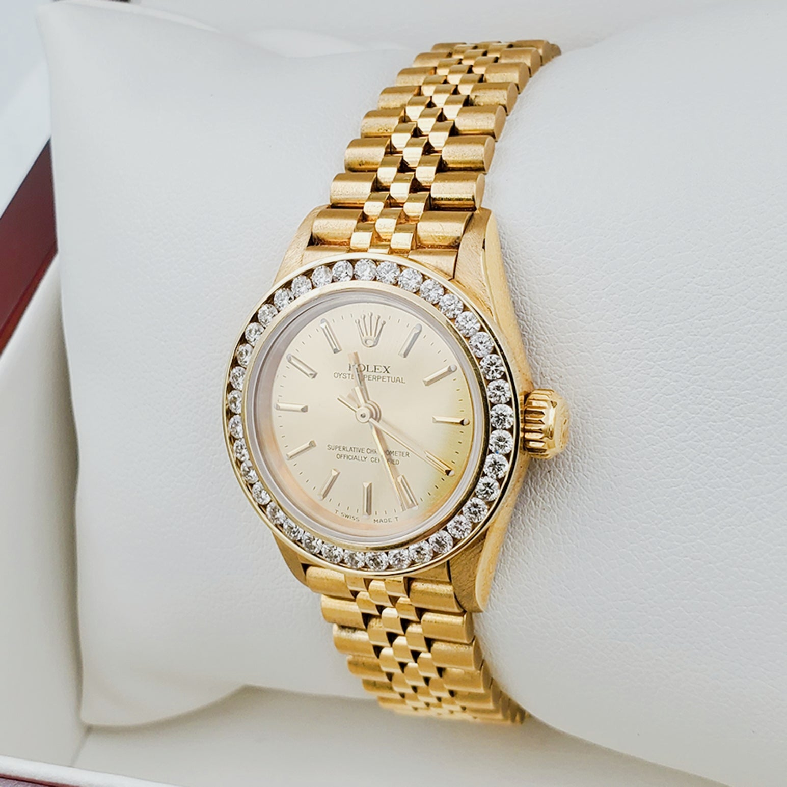 Ladies Rolex 26mm DateJust 18K Solid Yellow Gold Watch with Champagne Dial and Custom Diamond Bezel. (Pre-Owned)