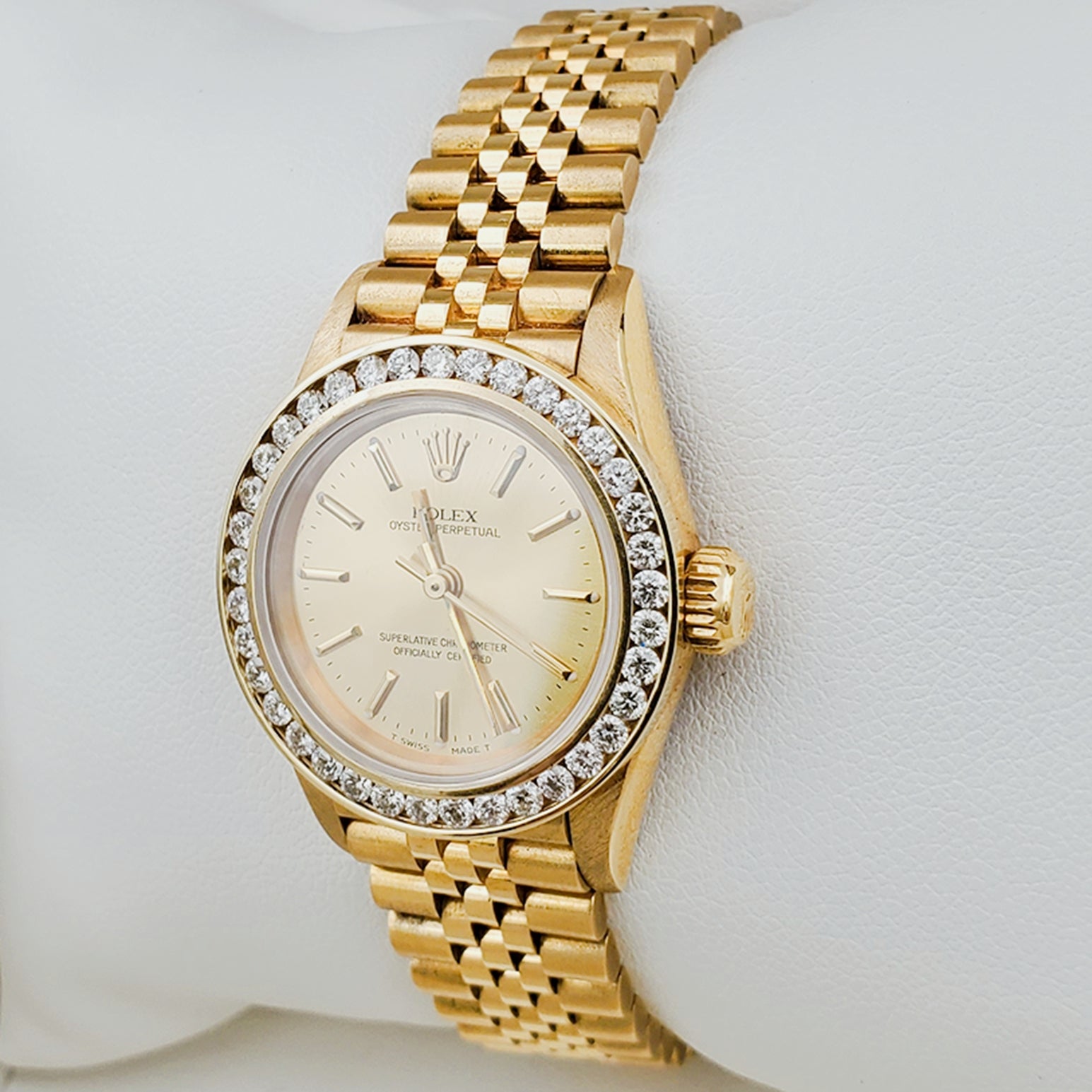 Ladies Rolex 26mm DateJust 18K Solid Yellow Gold Watch with Champagne Dial and Custom Diamond Bezel. (Pre-Owned)