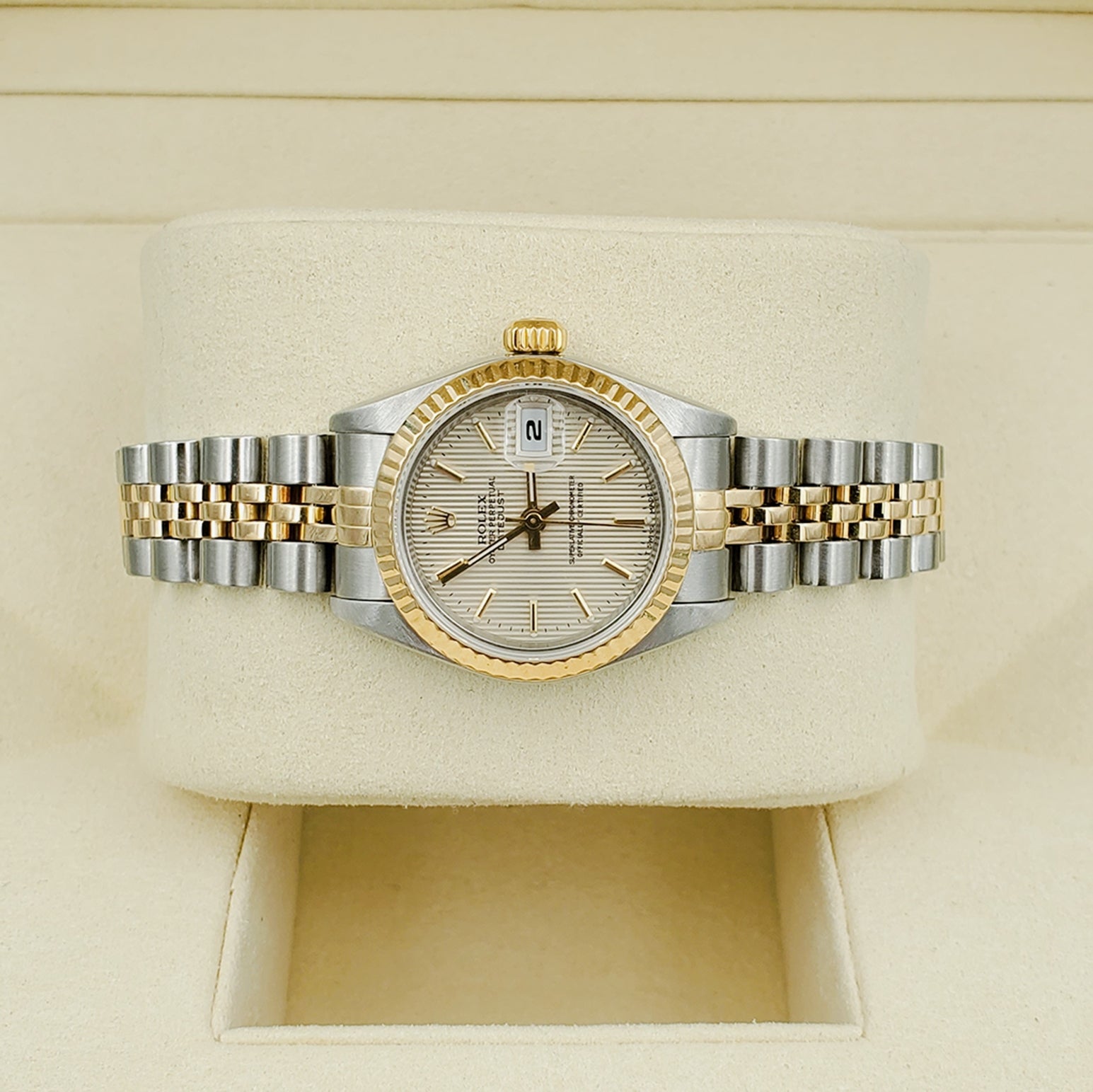 Ladies Rolex 26mm DateJust Two Tone 18K Yellow Gold / Stainless Steel Watch with Tapestry Dial and Fluted Bezel. (Pre-Owned)