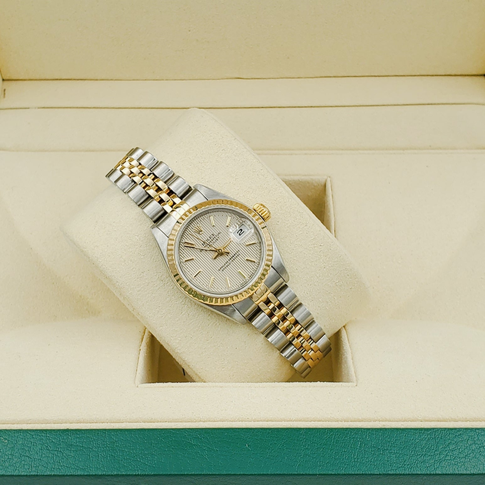 Ladies Rolex 26mm DateJust Two Tone 18K Yellow Gold / Stainless Steel Watch with Tapestry Dial and Fluted Bezel. (Pre-Owned)