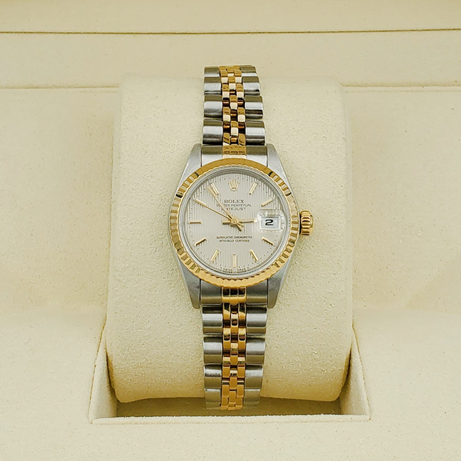 Ladies Rolex 26mm DateJust Two Tone 18K Yellow Gold / Stainless Steel Watch with Tapestry Dial and Fluted Bezel. (Pre-Owned)