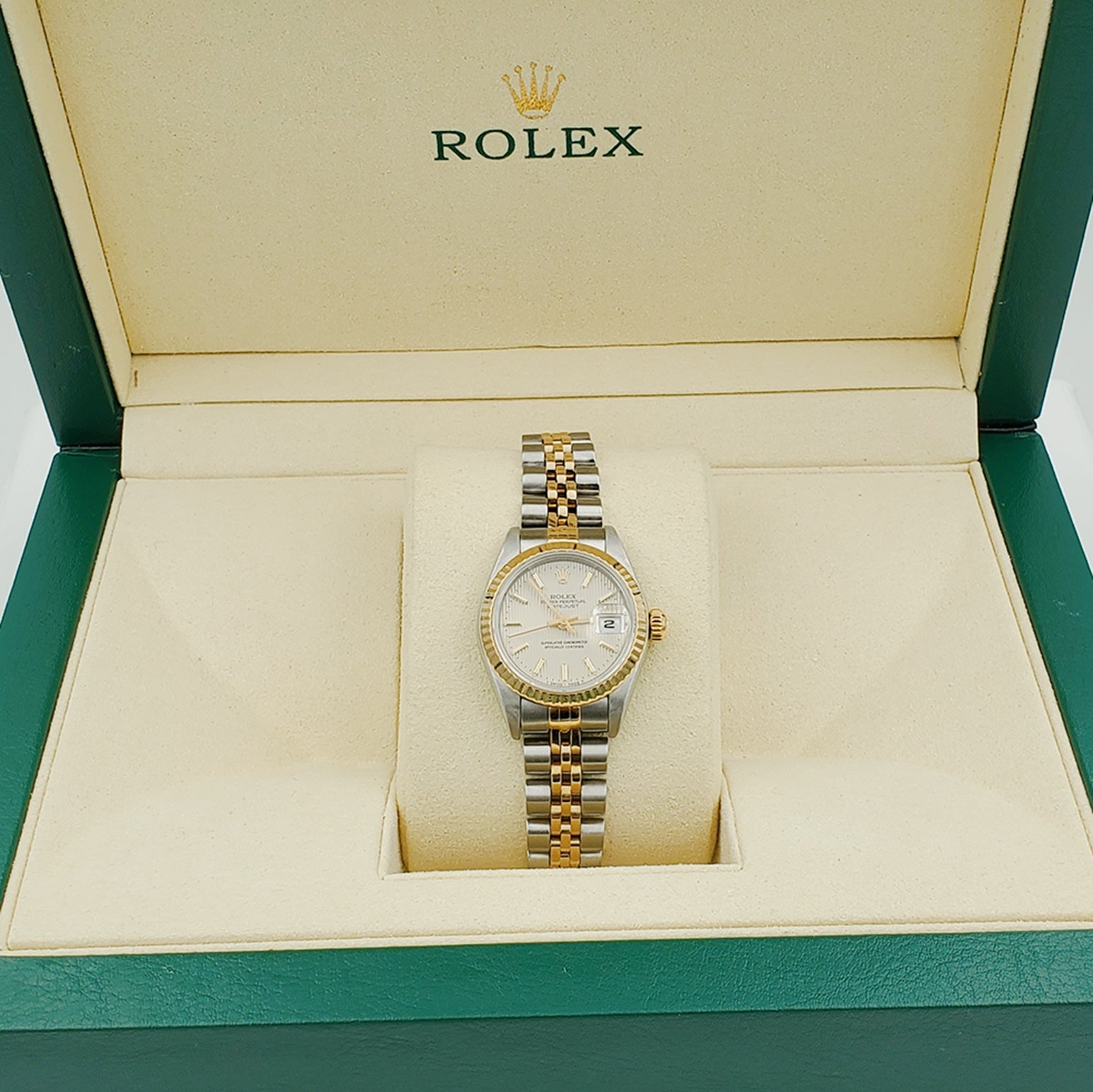 Ladies Rolex 26mm DateJust Two Tone 18K Yellow Gold / Stainless Steel Watch with Tapestry Dial and Fluted Bezel. (Pre-Owned)