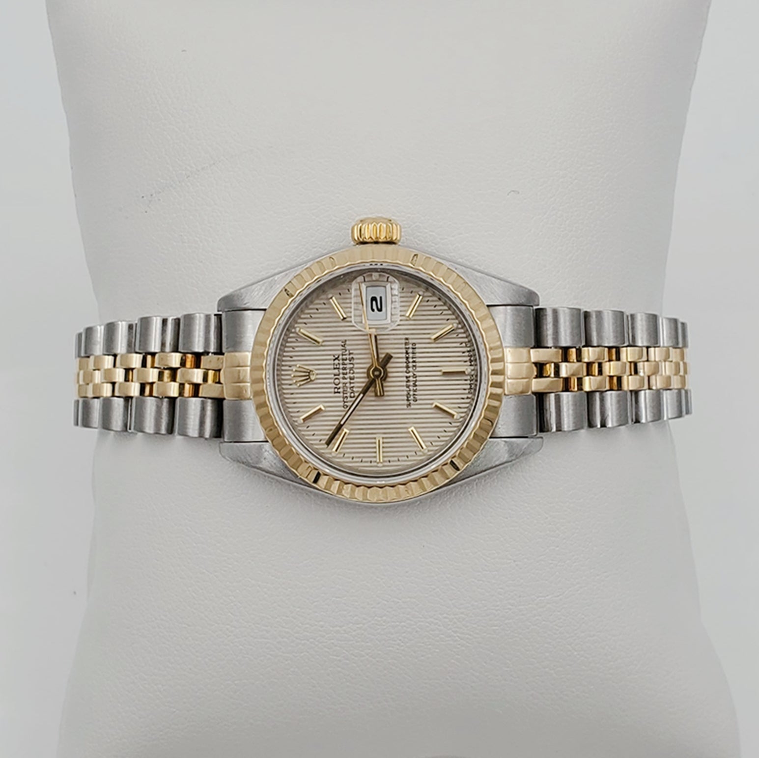 Ladies Rolex 26mm DateJust Two Tone 18K Yellow Gold / Stainless Steel Watch with Tapestry Dial and Fluted Bezel. (Pre-Owned)