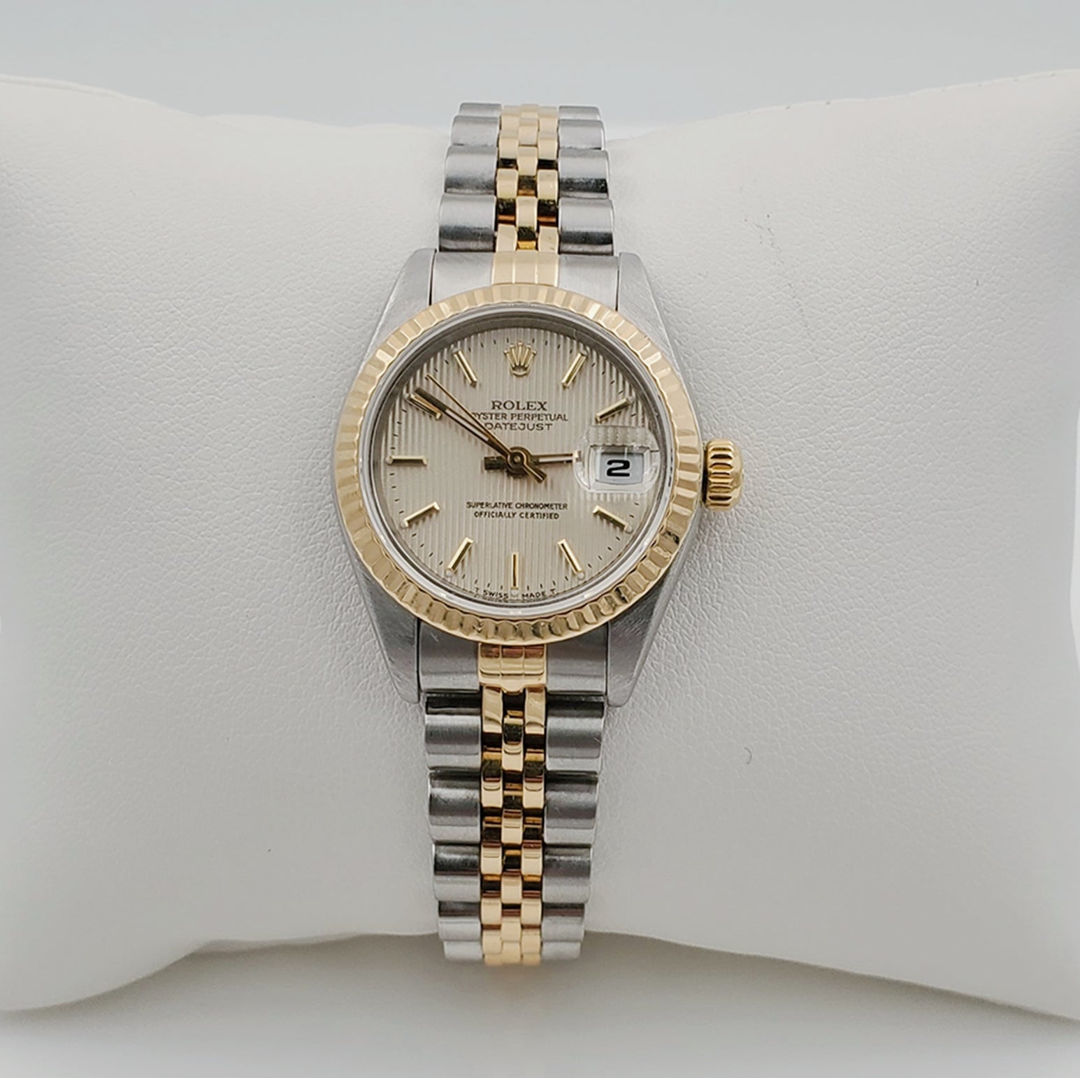 Ladies Rolex 26mm DateJust Two Tone 18K Yellow Gold / Stainless Steel Watch with Tapestry Dial and Fluted Bezel. (Pre-Owned)