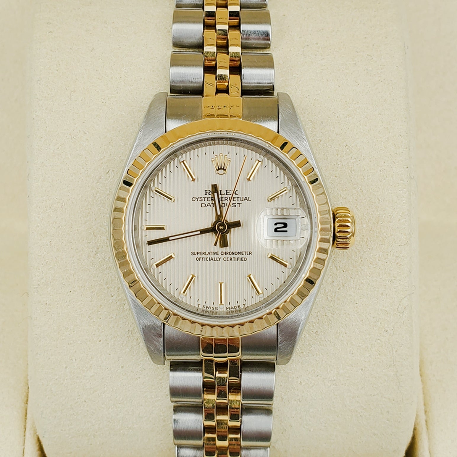 Ladies Rolex 26mm DateJust Two Tone 18K Yellow Gold / Stainless Steel Watch with Tapestry Dial and Fluted Bezel. (Pre-Owned)