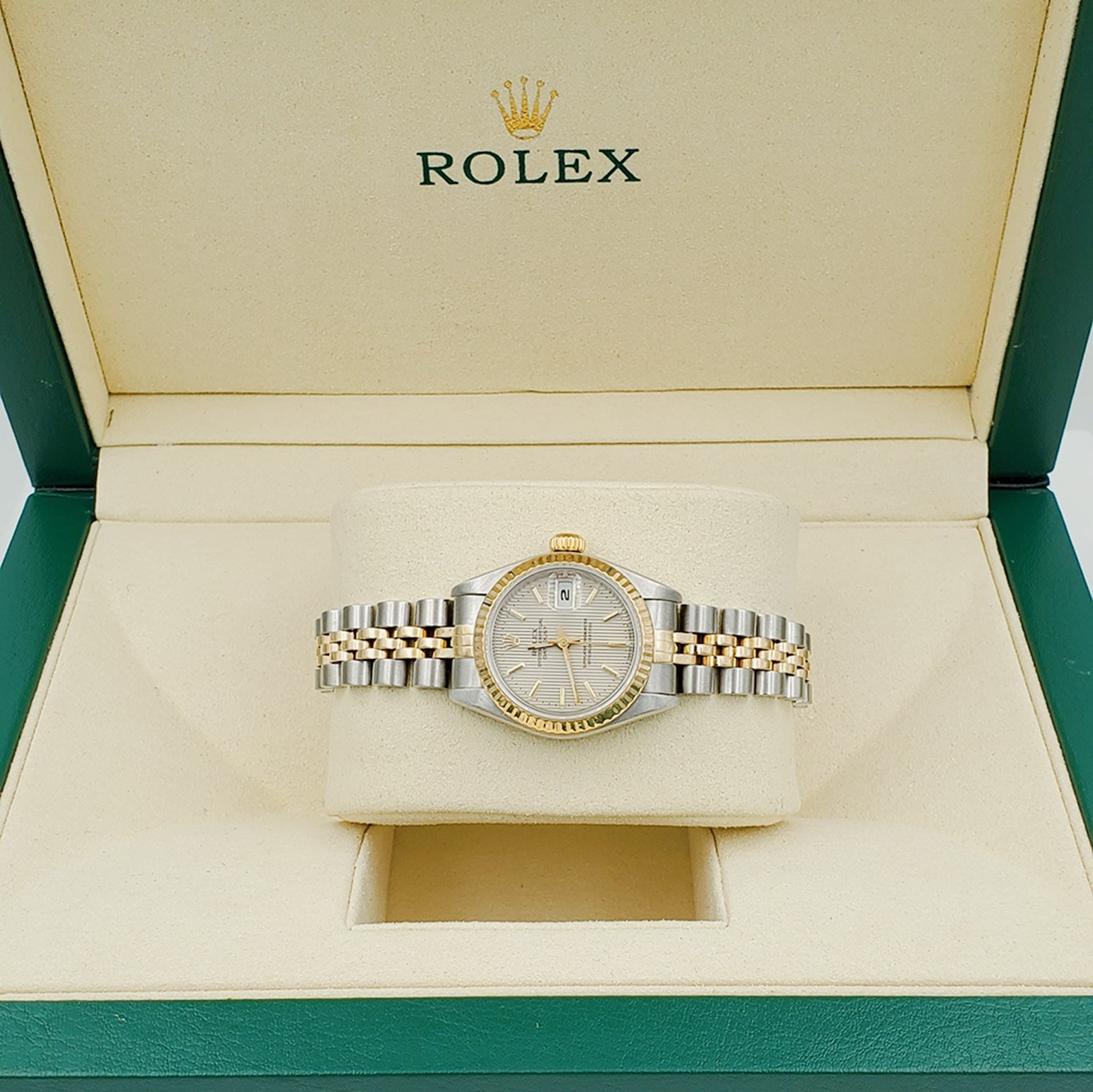 Ladies Rolex 26mm DateJust Two Tone 18K Yellow Gold / Stainless Steel Watch with Tapestry Dial and Fluted Bezel. (Pre-Owned)