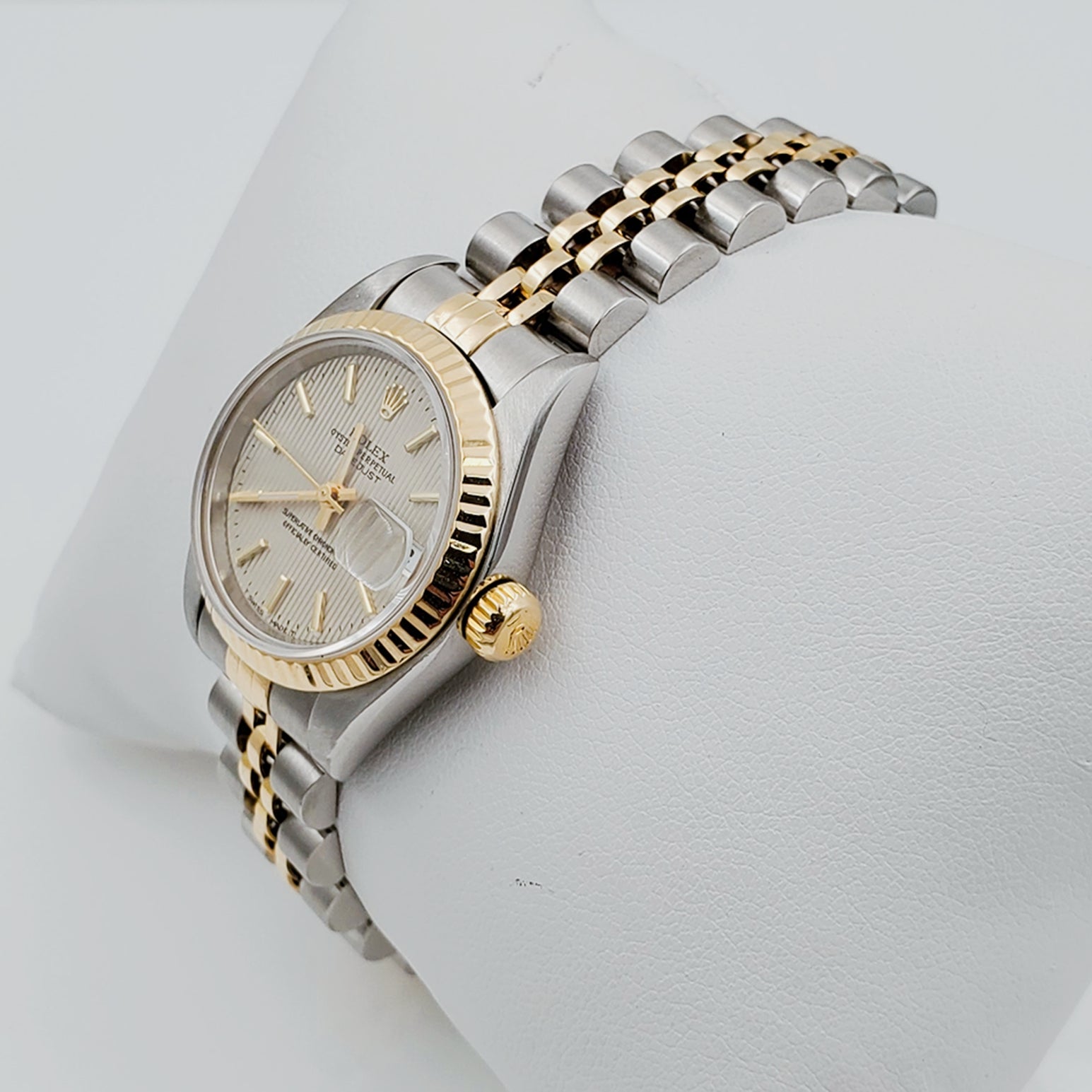 Ladies Rolex 26mm DateJust Two Tone 18K Yellow Gold / Stainless Steel Watch with Tapestry Dial and Fluted Bezel. (Pre-Owned)