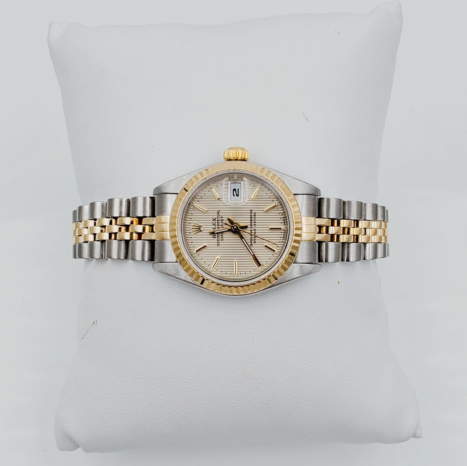 Ladies Rolex 26mm DateJust Two Tone 18K Yellow Gold / Stainless Steel Watch with Tapestry Dial and Fluted Bezel. (Pre-Owned)