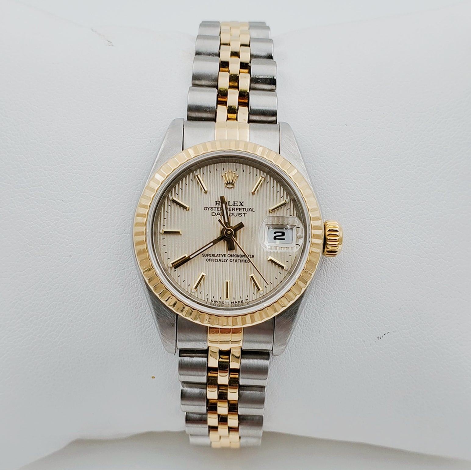 Ladies Rolex 26mm DateJust Two Tone 18K Yellow Gold / Stainless Steel Watch with Tapestry Dial and Fluted Bezel. (Pre-Owned)