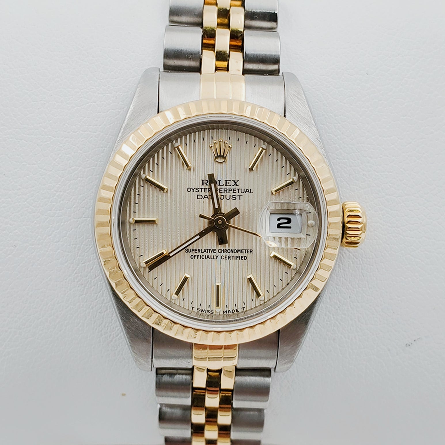 Ladies Rolex 26mm DateJust Two Tone 18K Yellow Gold / Stainless Steel Watch with Tapestry Dial and Fluted Bezel. (Pre-Owned)