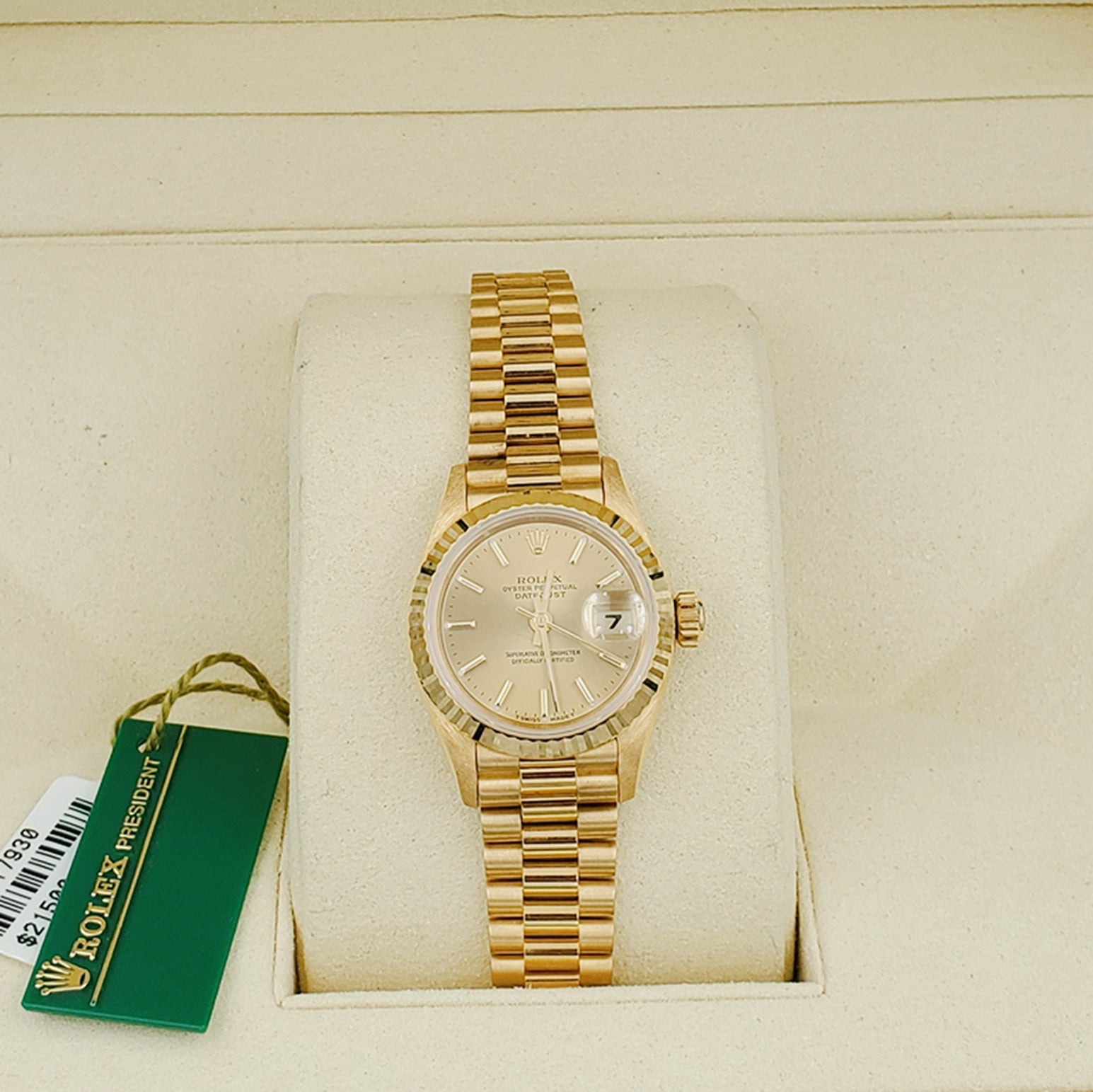 Ladies Rolex 26mm Presidential 18K Solid Yellow Gold Watch with Champagne Dial and Fluted Bezel. (NEW 69178)