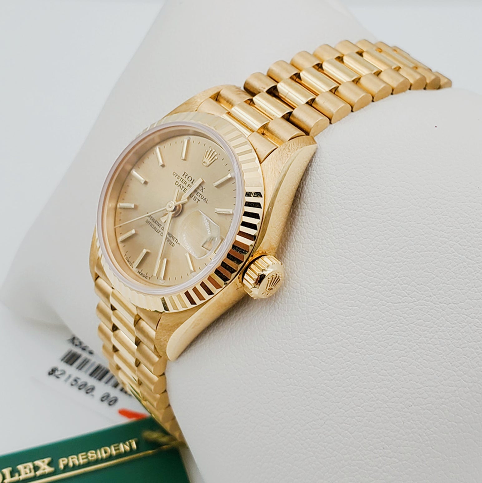 Ladies Rolex 26mm Presidential 18K Solid Yellow Gold Watch with Champagne Dial and Fluted Bezel. (NEW 69178)