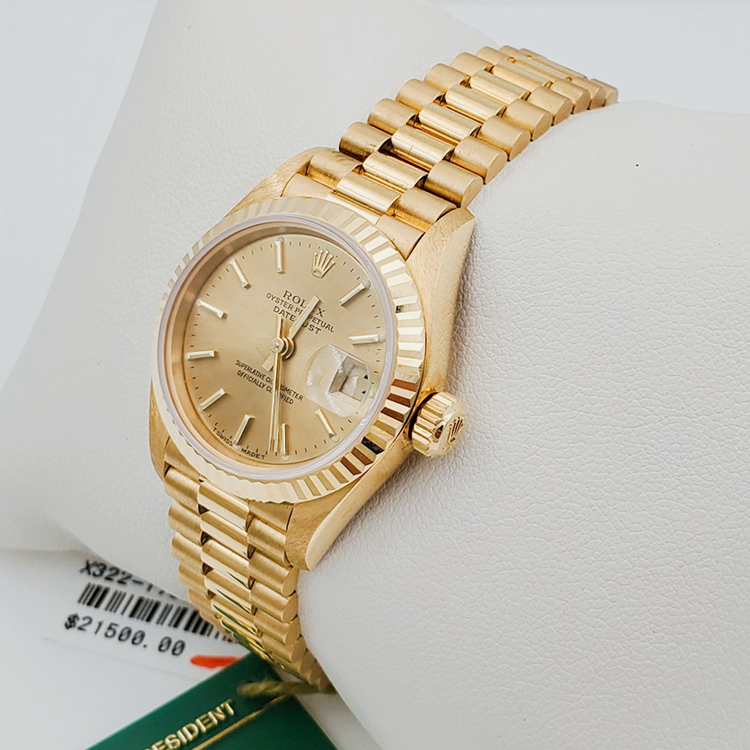 Women's Rolex 26mm Presidential 18K Solid Yellow Gold Watch with Champagne Dial and Fluted Bezel. (NEW 69178)