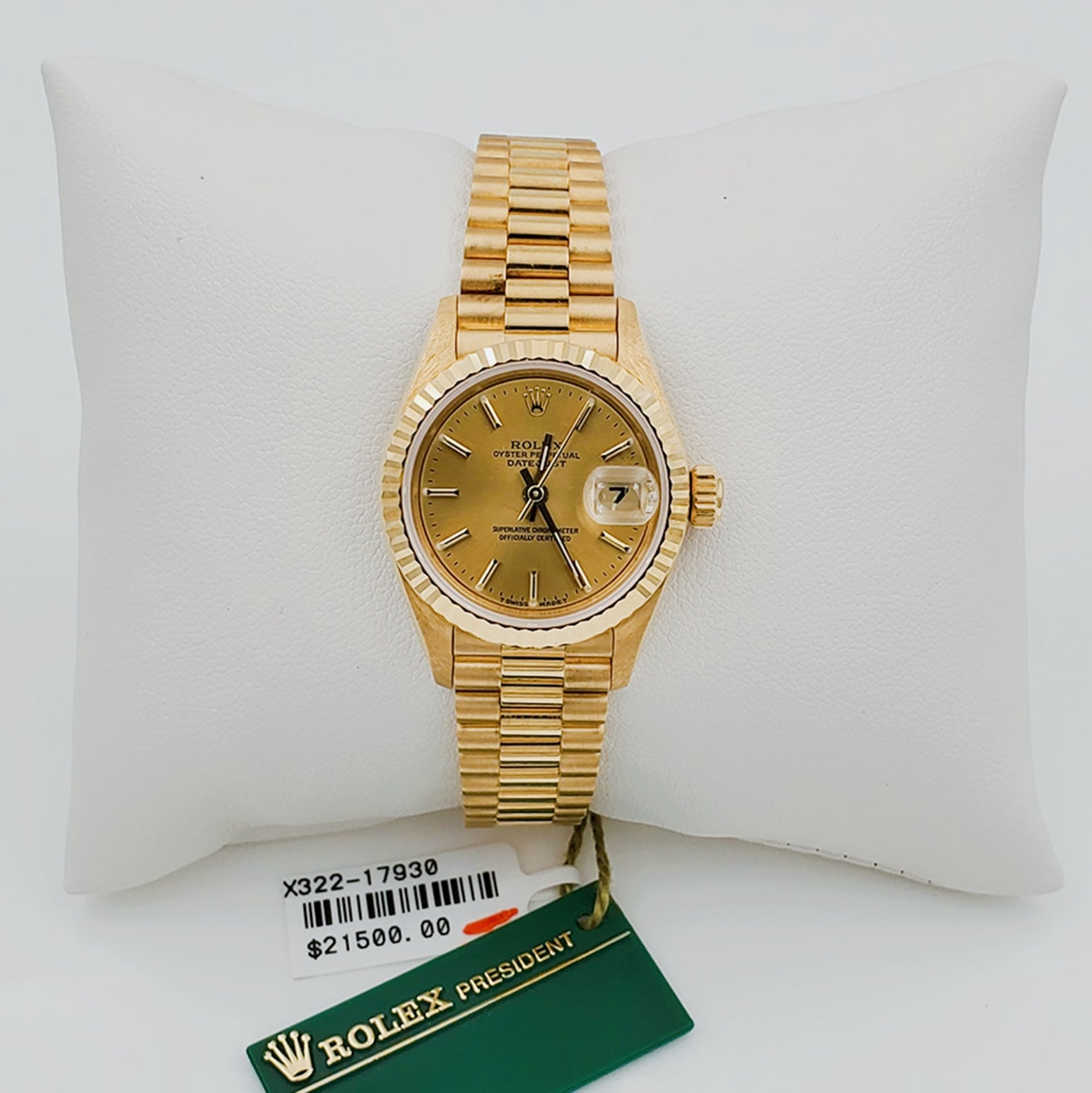 Ladies Rolex 26mm Presidential 18K Solid Yellow Gold Watch with Champagne Dial and Fluted Bezel. (NEW 69178)