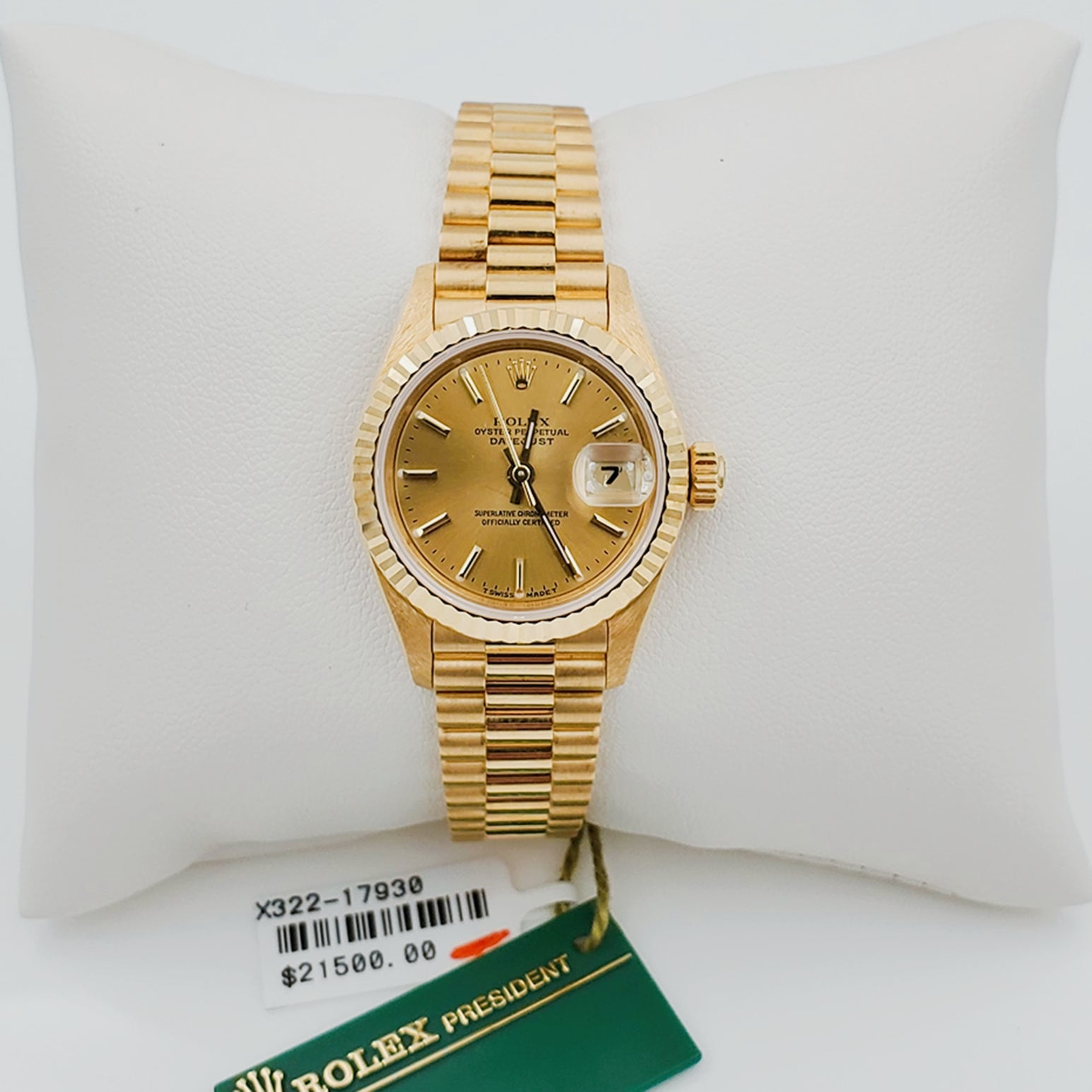 Ladies Rolex 26mm Presidential 18K Solid Yellow Gold Watch with Champagne Dial and Fluted Bezel. (NEW 69178)