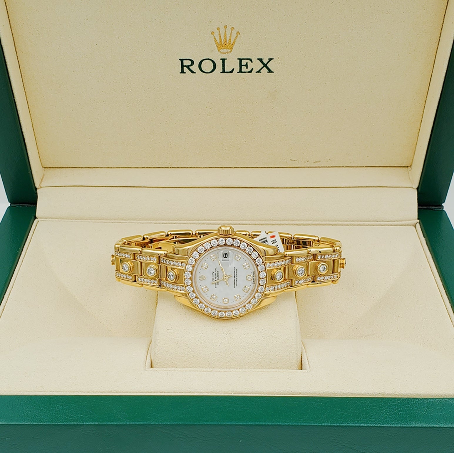 Ladies Rolex 29mm Pearlmaster 18k Yellow Gold Rolex Watch with White Diamond Dial, Diamond Bezel and Diamond Band. (Pre-Owned)