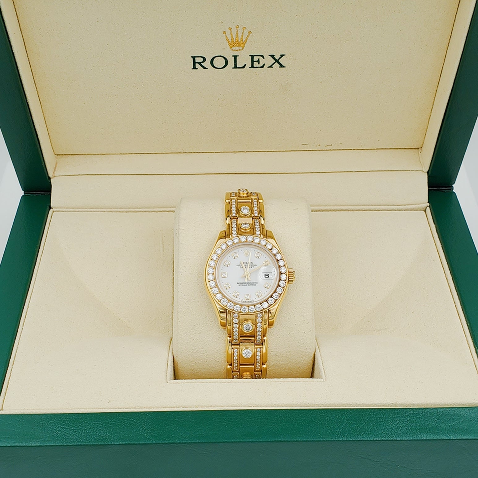 Ladies Rolex 29mm Pearlmaster 18k Yellow Gold Rolex Watch with White Diamond Dial, Diamond Bezel and Diamond Band. (Pre-Owned)