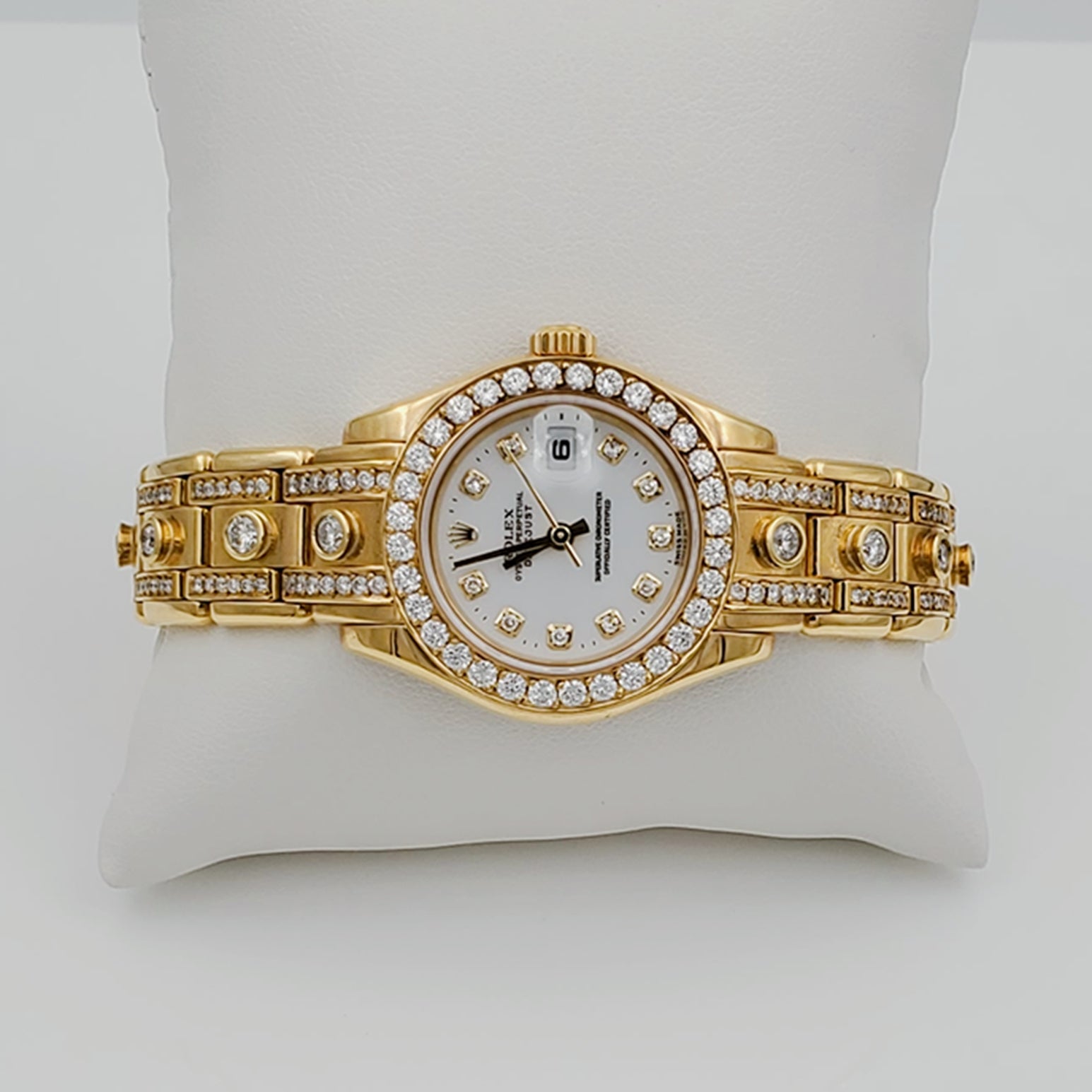 Ladies Rolex 29mm Pearlmaster 18k Yellow Gold Rolex Watch with White Diamond Dial, Diamond Bezel and Diamond Band. (Pre-Owned)