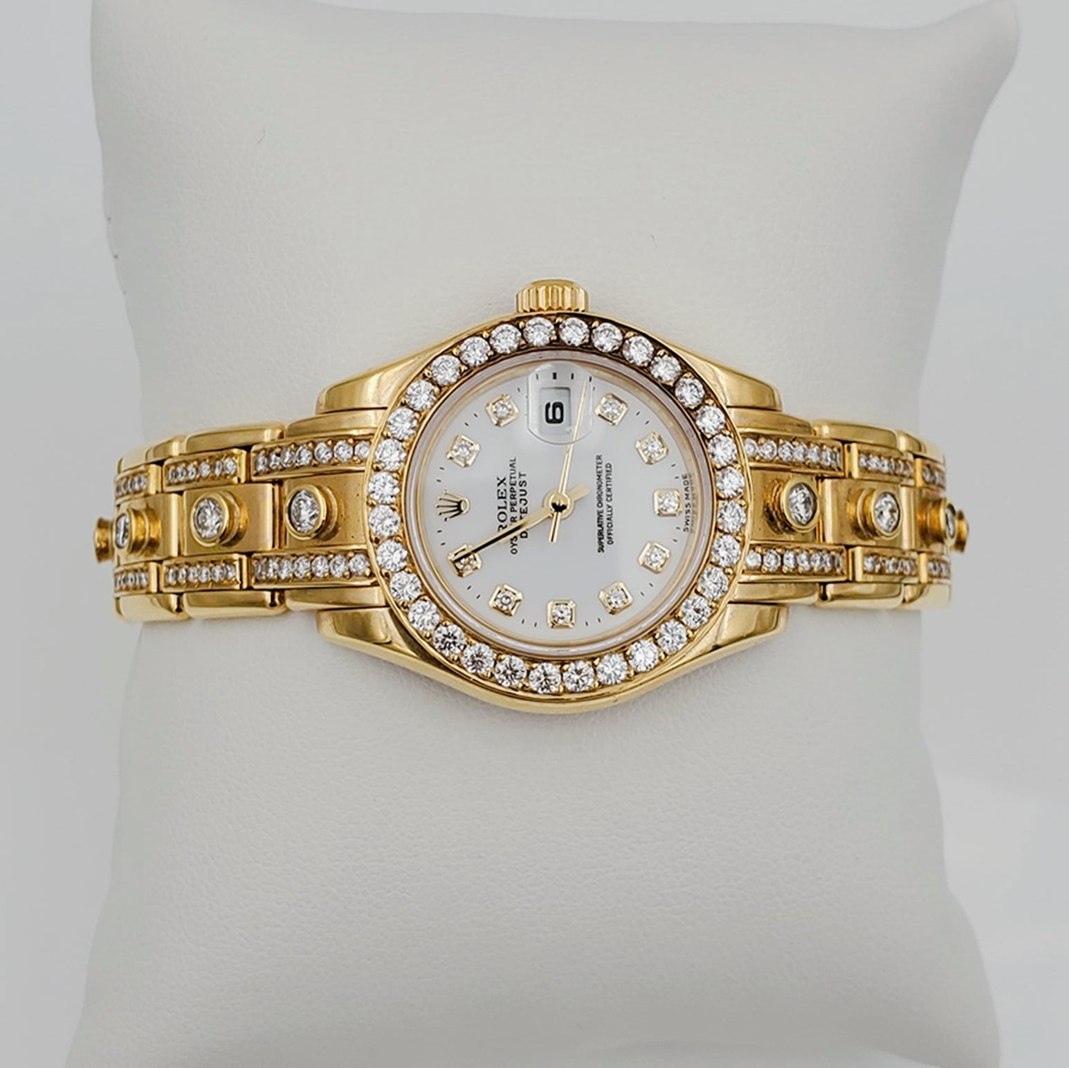 Ladies Rolex 29mm Pearlmaster 18k Yellow Gold Rolex Watch with White Diamond Dial, Diamond Bezel and Diamond Band. (Pre-Owned)