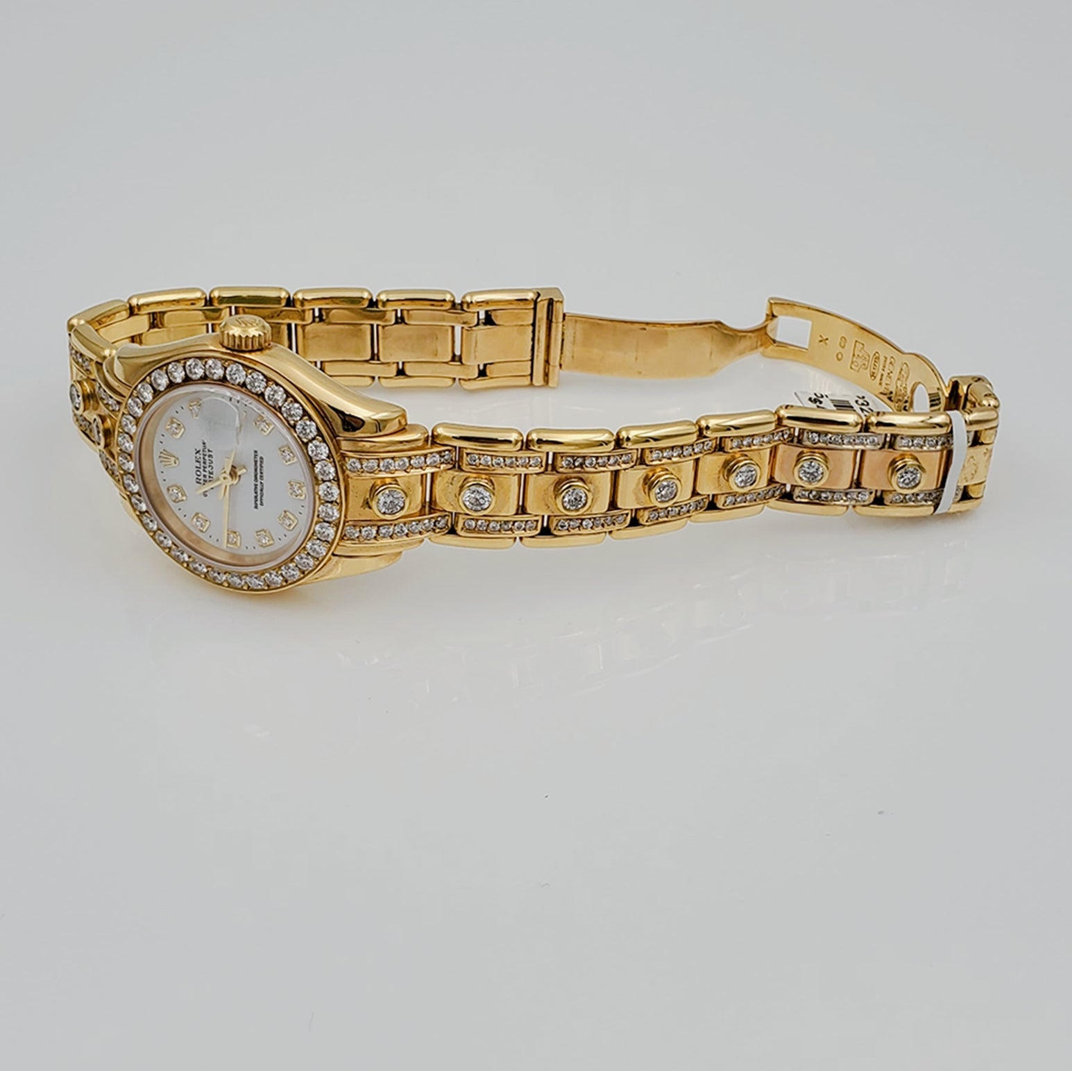 Ladies Rolex 29mm Pearlmaster 18k Yellow Gold Rolex Watch with White Diamond Dial, Diamond Bezel and Diamond Band. (Pre-Owned)