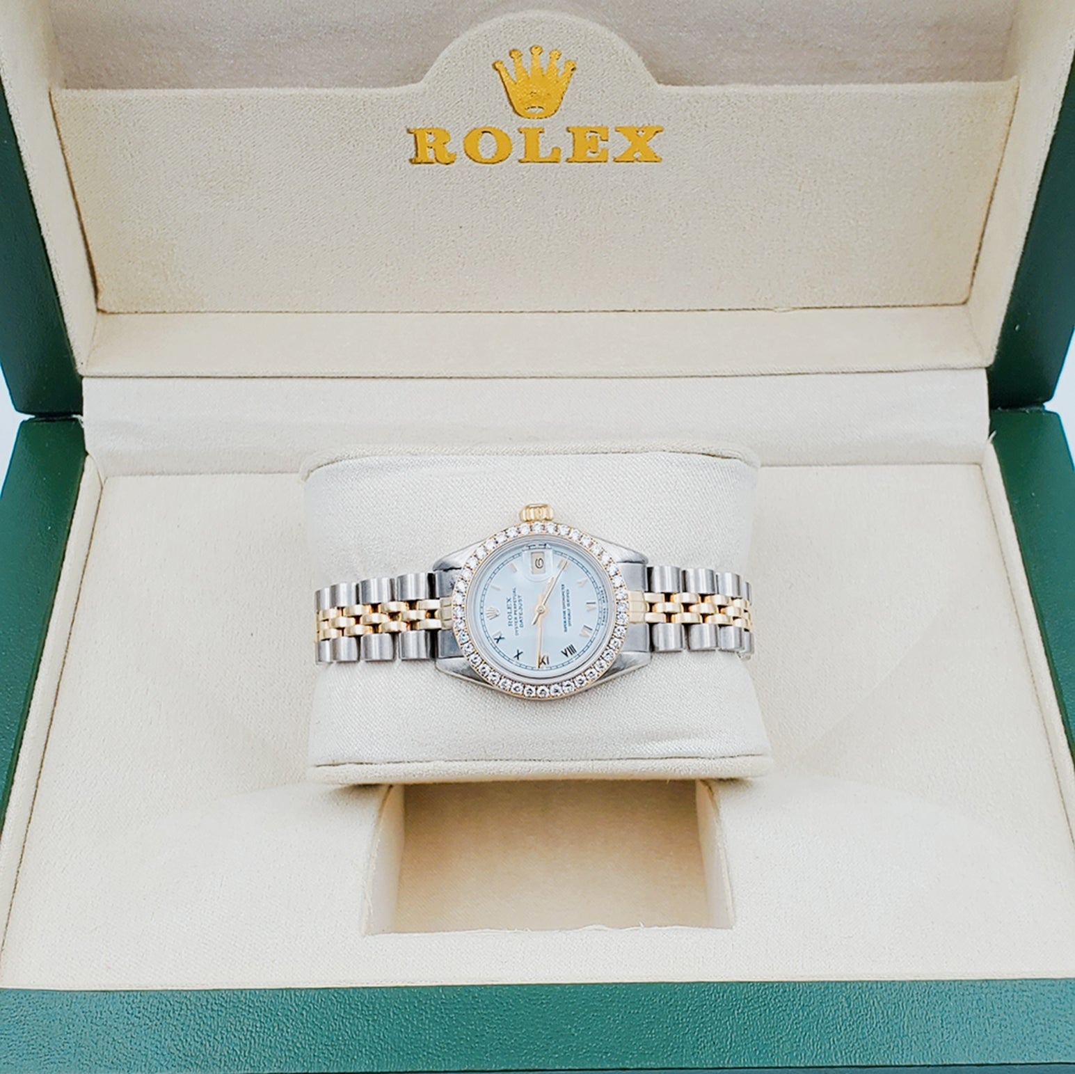 Ladies Rolex 26mm DateJust 18K Gold Two Tone Watch with White Dial, Roman Numerals and Diamond Bezel. (Pre-Owned)