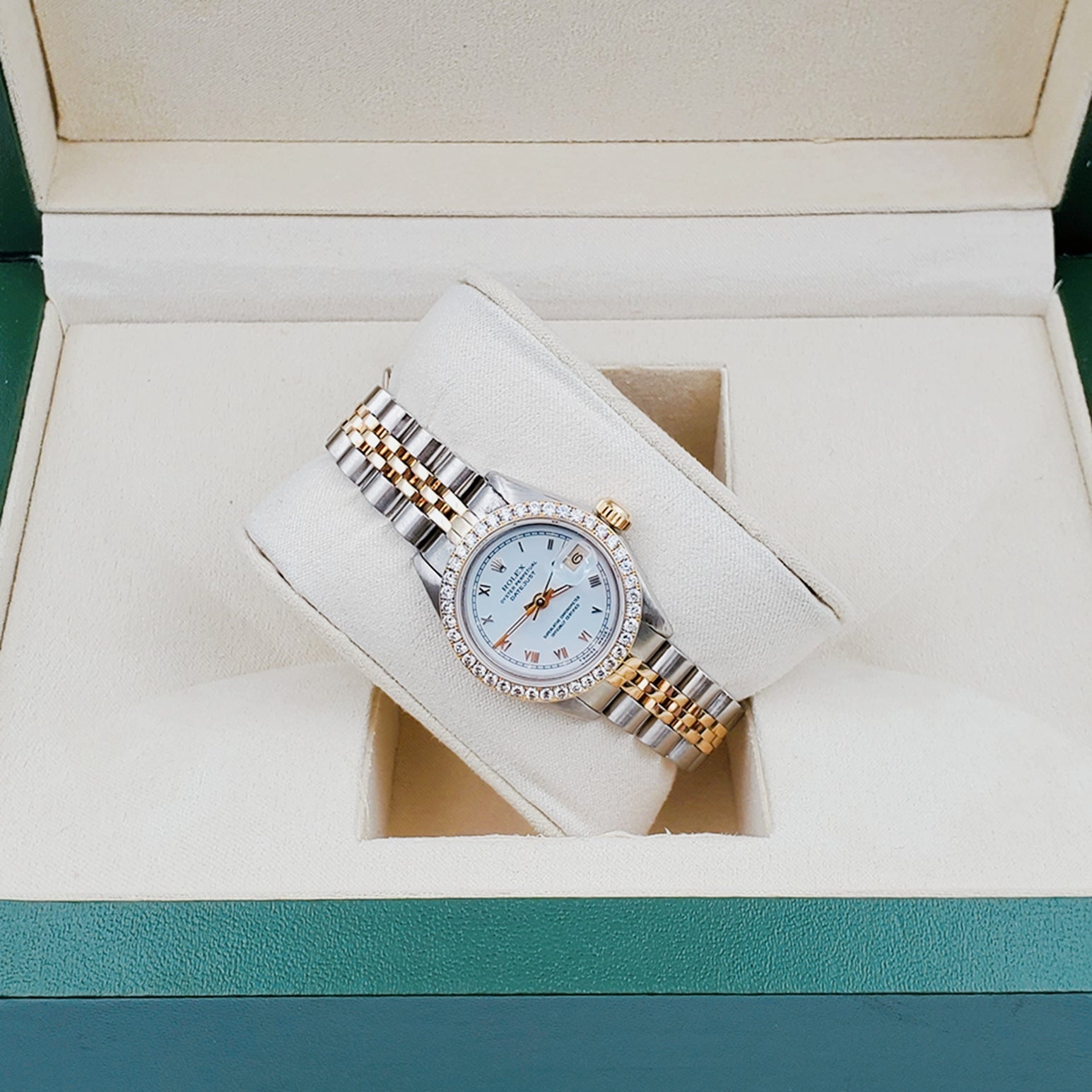 Ladies Rolex 26mm DateJust 18K Gold Two Tone Watch with White Dial, Roman Numerals and Diamond Bezel. (Pre-Owned)