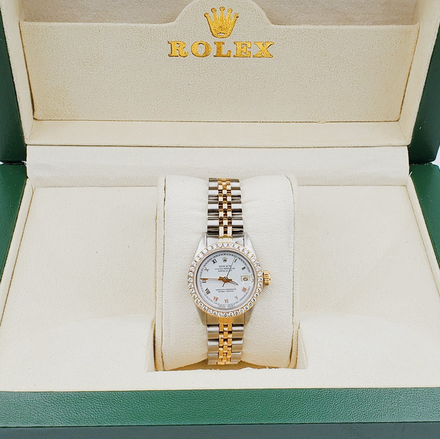 Ladies Rolex 26mm DateJust 18K Gold Two Tone Watch with White Dial, Roman Numerals and Diamond Bezel. (Pre-Owned)