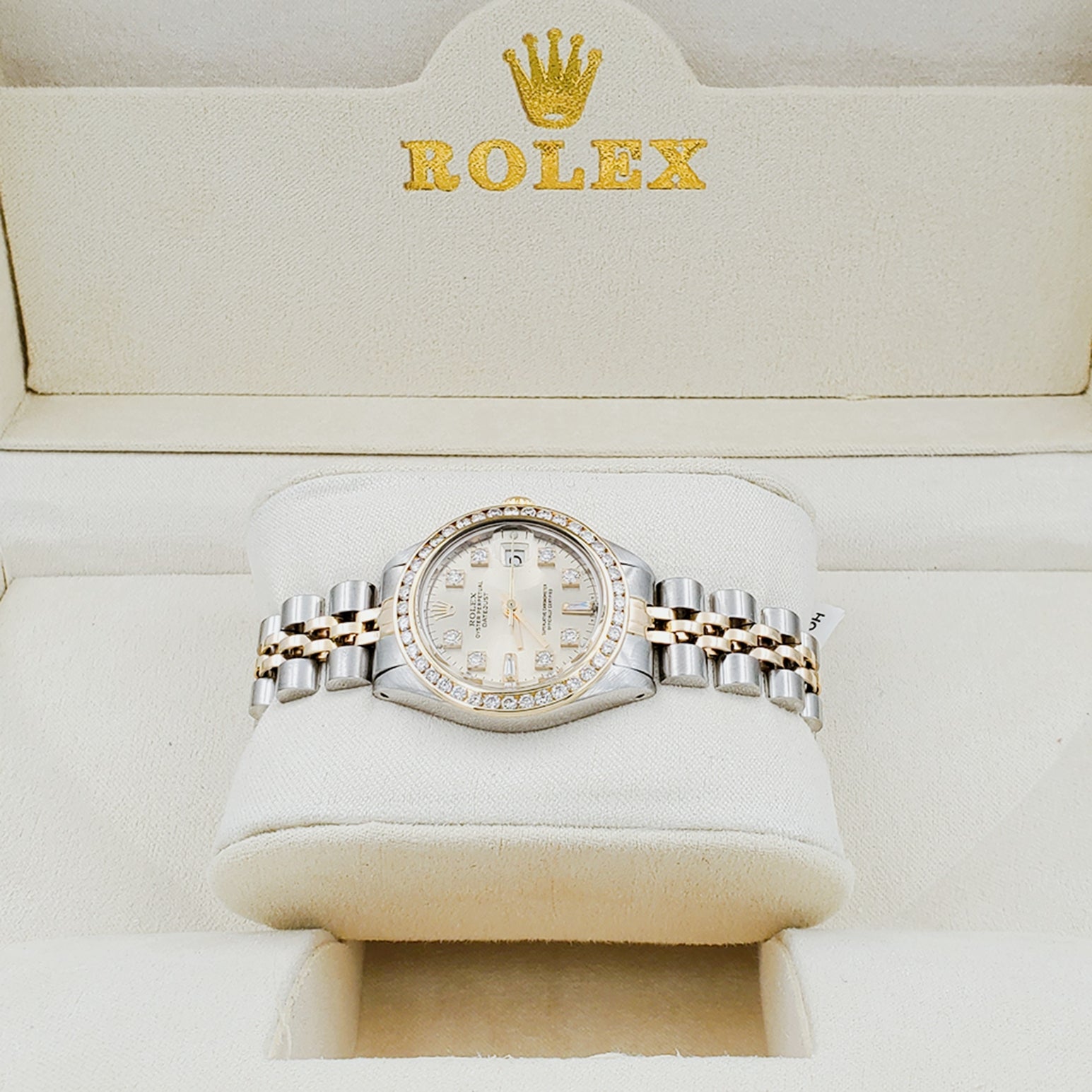 Ladies Rolex 26mm DateJust Two Tone Jubilee Band 18K Gold Watch with Gold Diamond Dial and Diamond Bezel. (Pre-Owned)