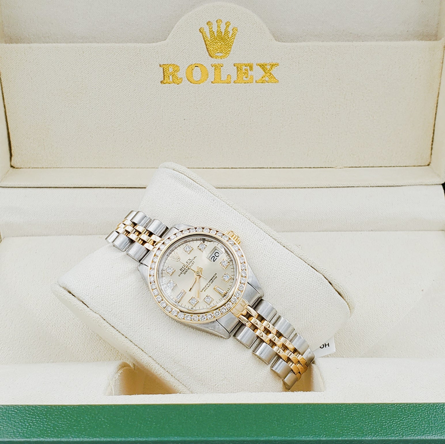 Ladies Rolex 26mm DateJust Two Tone Jubilee Band 18K Gold Watch with Gold Diamond Dial and Diamond Bezel. (Pre-Owned)