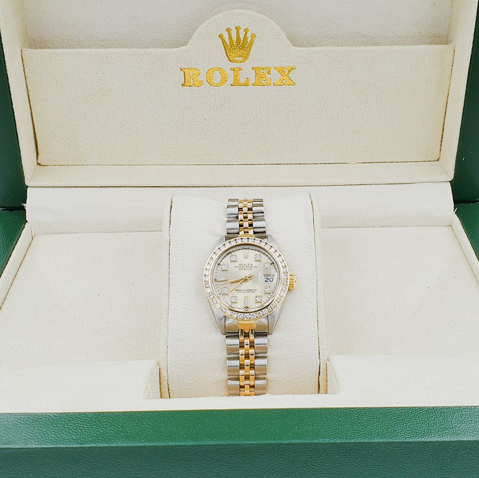 Ladies Rolex 26mm DateJust Two Tone Jubilee Band 18K Gold Watch with Gold Diamond Dial and Diamond Bezel. (Pre-Owned)