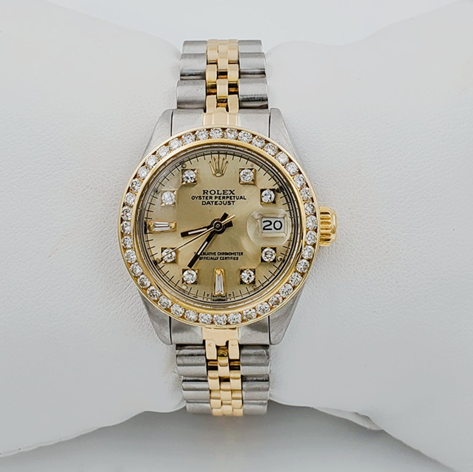 Ladies Rolex 26mm DateJust Two Tone Jubilee Band 18K Gold Watch with Gold Diamond Dial and Diamond Bezel. (Pre-Owned)