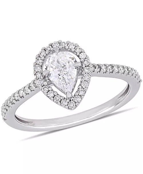 Woman's Pear-Cut Floating 14K White Gold Halo 0.37 CT (SI Color H) Center Diamond Engagement Ring. (Size: 6.50)