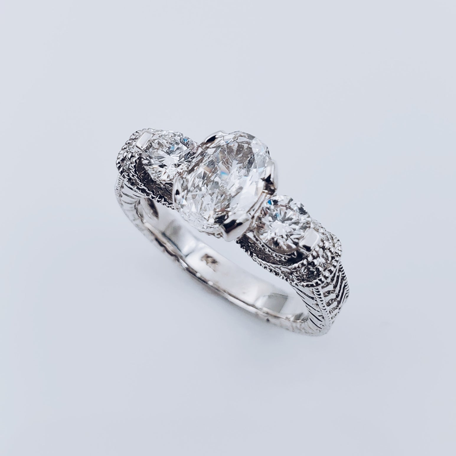 Women's 14K White Gold 0.62 CT Round Diamonds with Oval Shape Center Diamond, 5.3 GR Total Weight Anniversary Band. (Size: 6.5)
