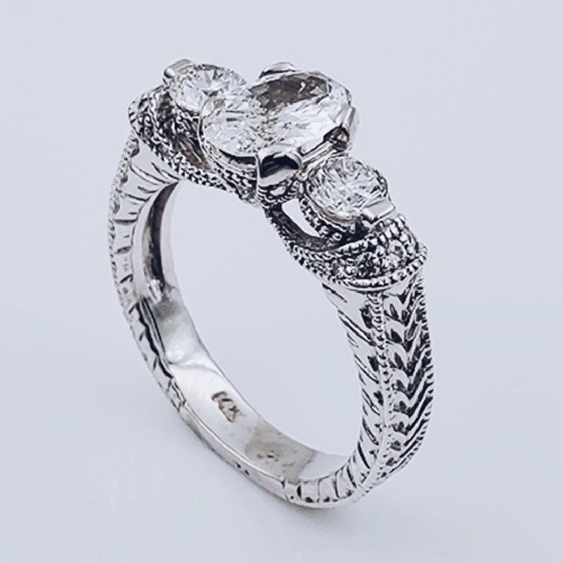 Women's 14K White Gold 0.62 CT Round Diamonds with Oval Shape Center Diamond, 5.3 GR Total Weight Anniversary Band. (Size: 6.5)