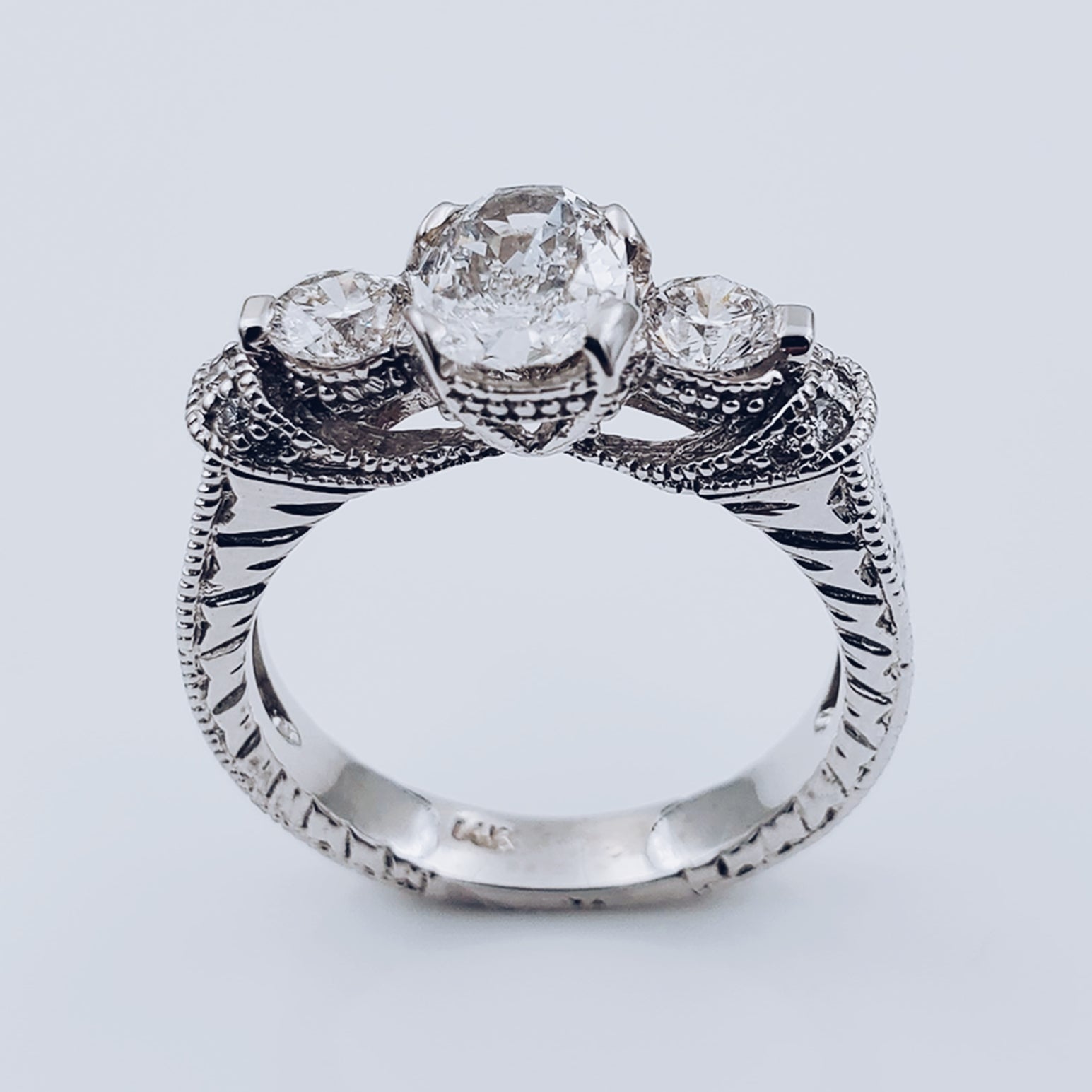 Women's 14K White Gold 0.62 CT Round Diamonds with Oval Shape Center Diamond, 5.3 GR Total Weight Anniversary Band. (Size: 6.5)