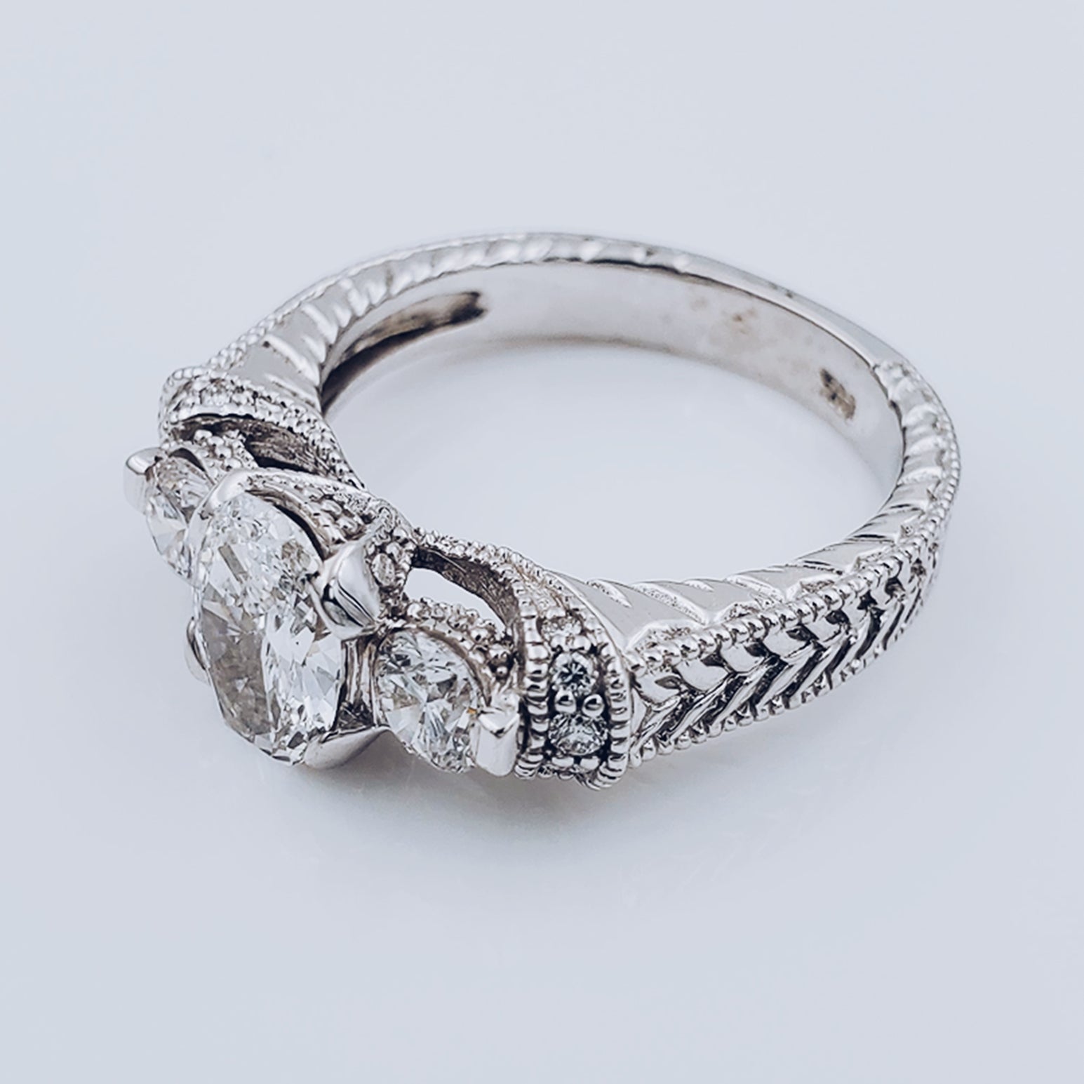 Women's 14K White Gold 0.62 CT Round Diamonds with Oval Shape Center Diamond, 5.3 GR Total Weight Anniversary Band. (Size: 6.5)