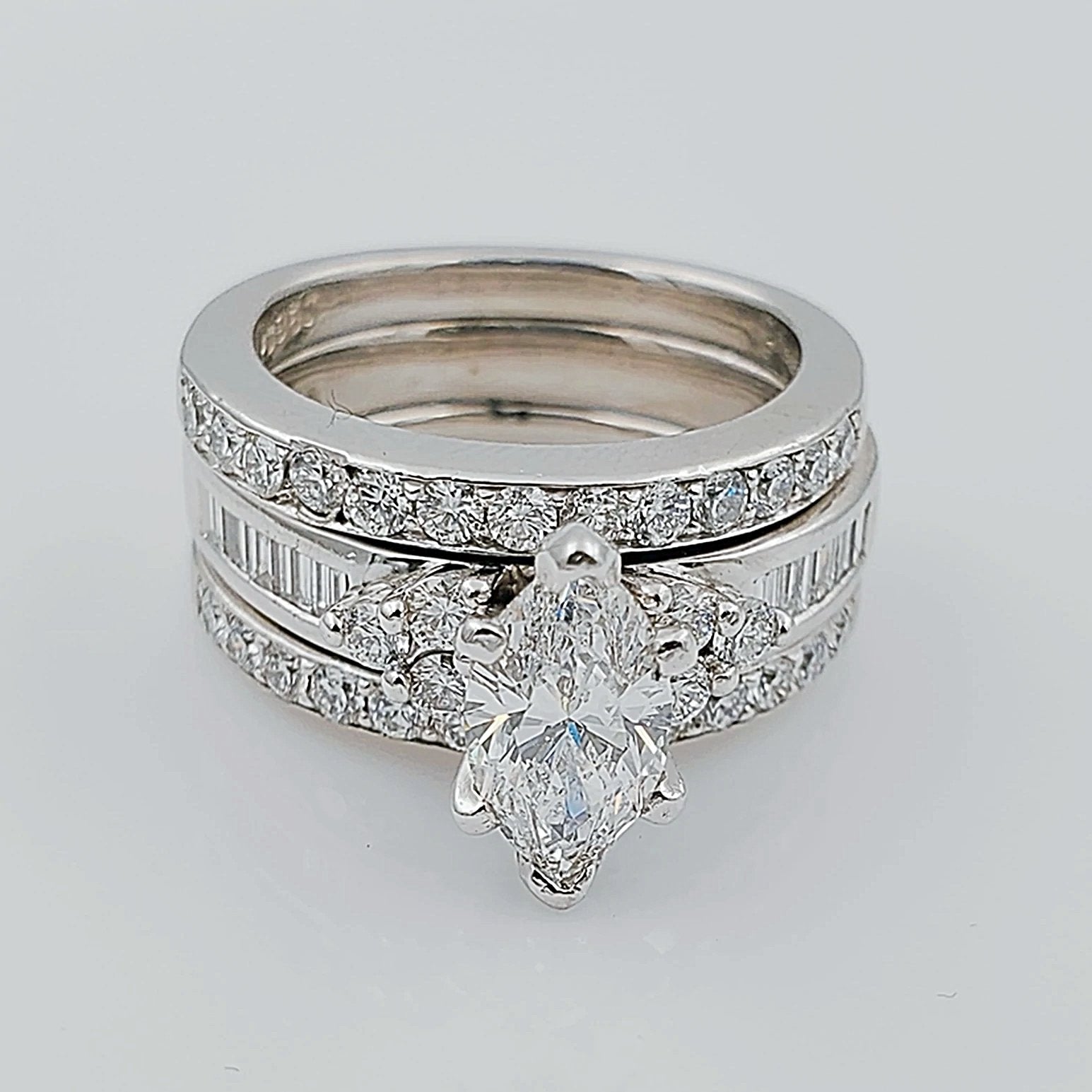 Women's 18K White Gold with 1.02 CT Marquis Diamond (SI Color H) 12.7 GR Total Weight Wedding Ring. (Size: 6.5)