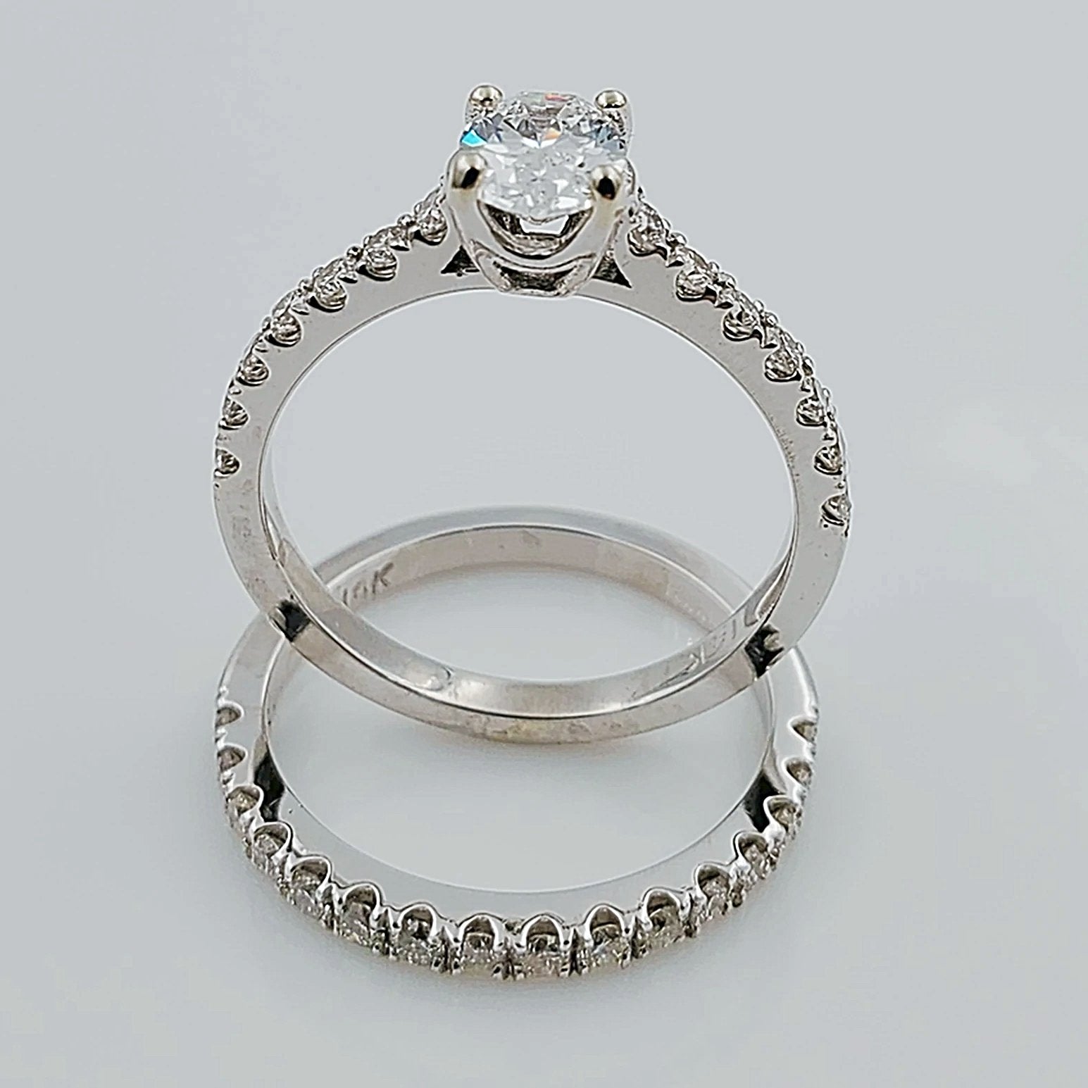 Women's 14K White Gold with Oval 0.65 CT Center (SI Color H) Diamond 4.6 GR Total Weight Bridal Ring Set. (Size: 6.25)