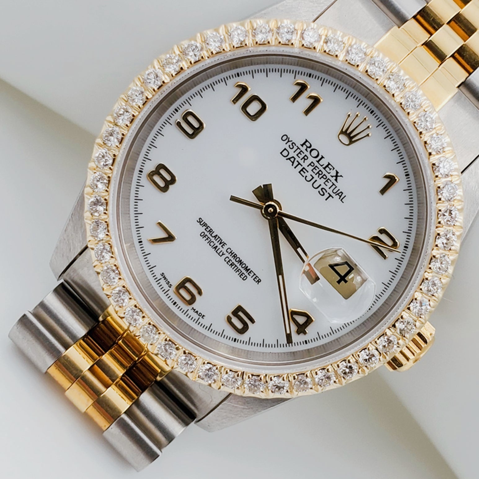 Men's Rolex 36mm DateJust 18K Gold / Stainless Steel Two Tone Watch with White Dial and 1.5 CT Custom Diamond Bezel. (NEW 16233)